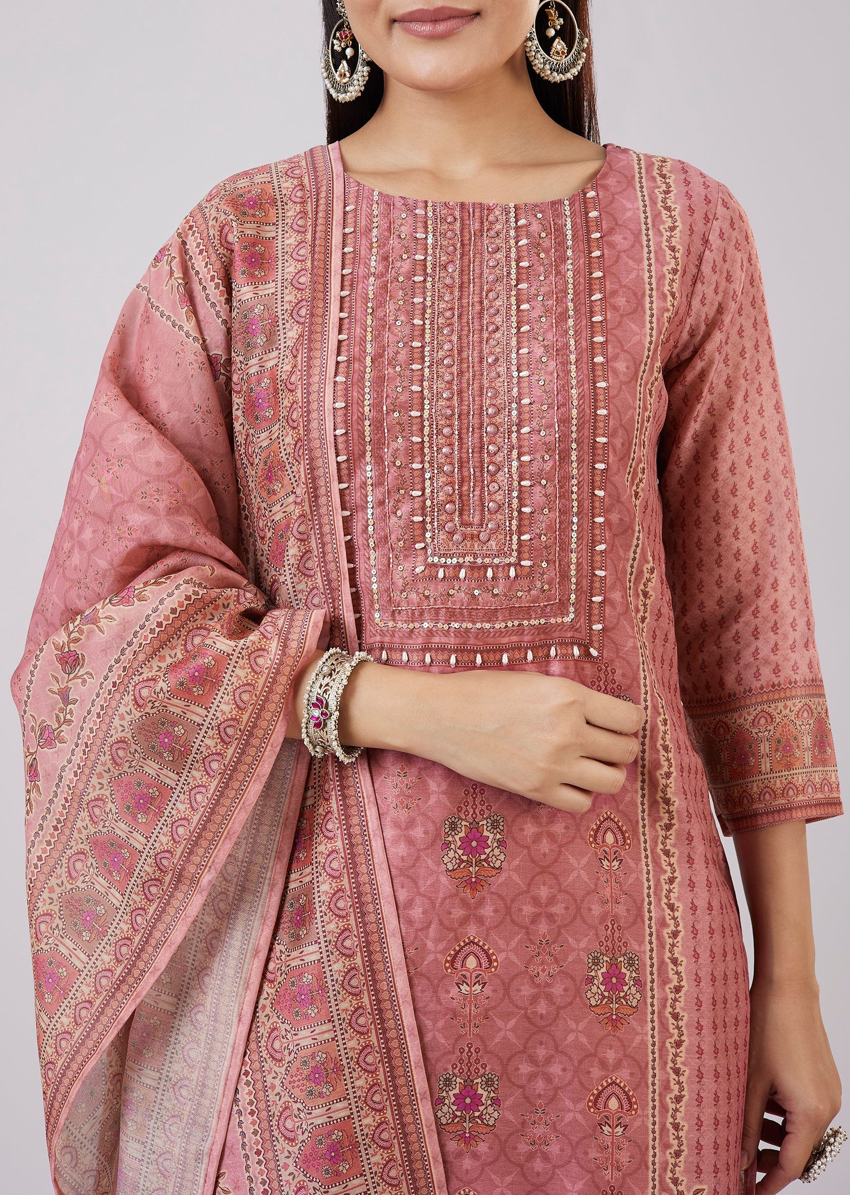 Pink Chanderi Kurta Set With Embellished Work