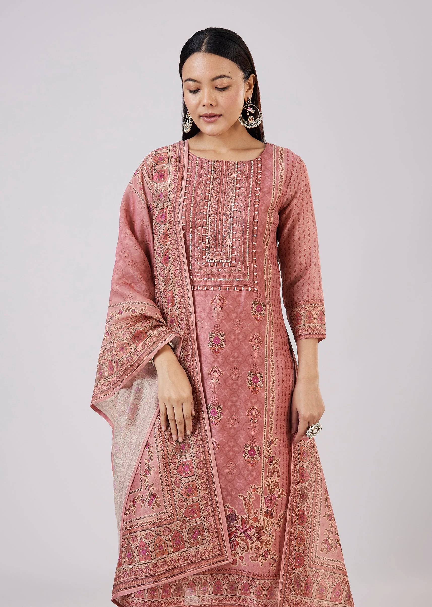 Pink Chanderi Kurta Set With Embellished Work