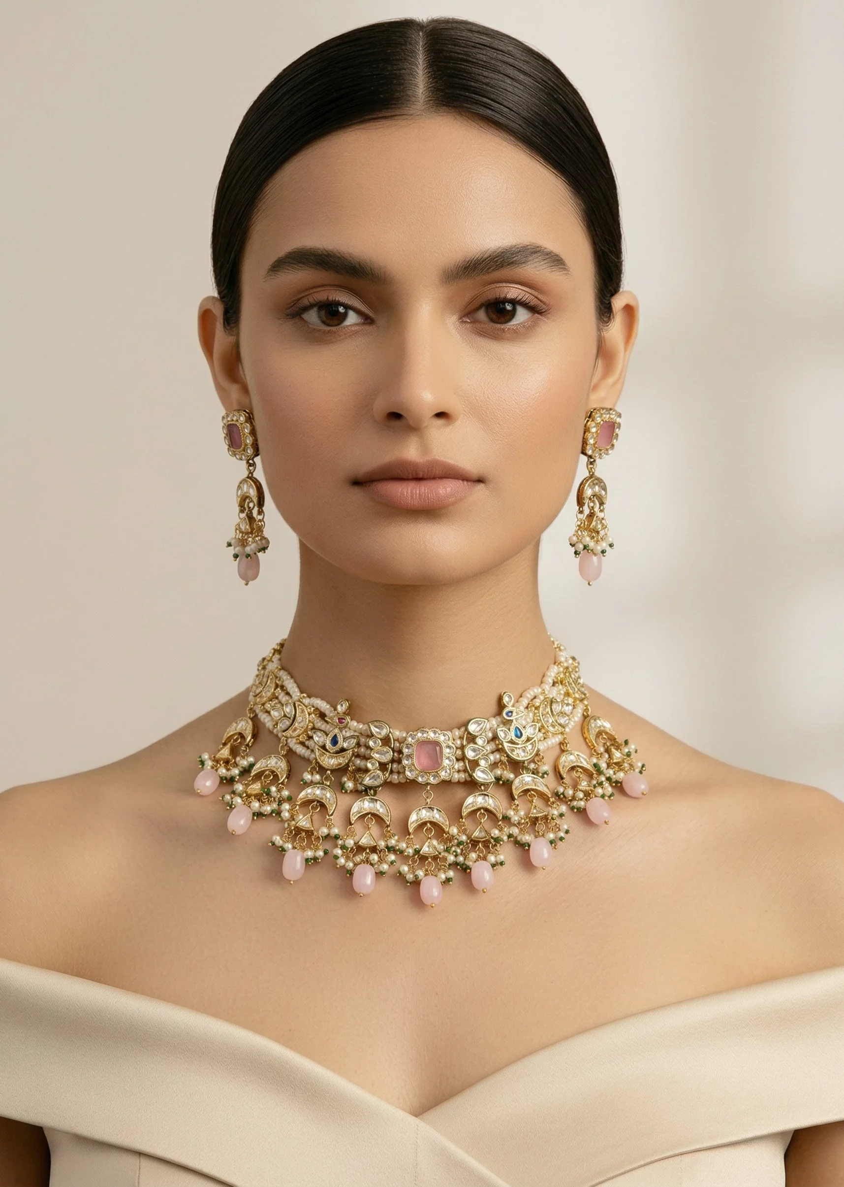 Gold Plated Pink Kundan Polki Choker Necklace Set With Earrings
