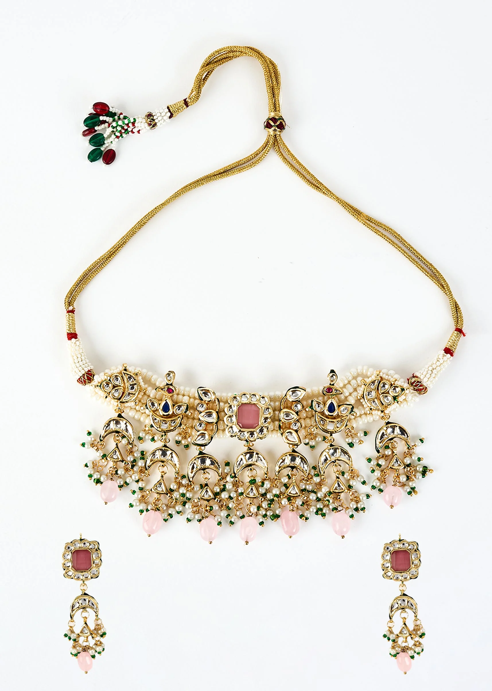 Gold Plated Pink Kundan Polki Choker Necklace Set With Earrings