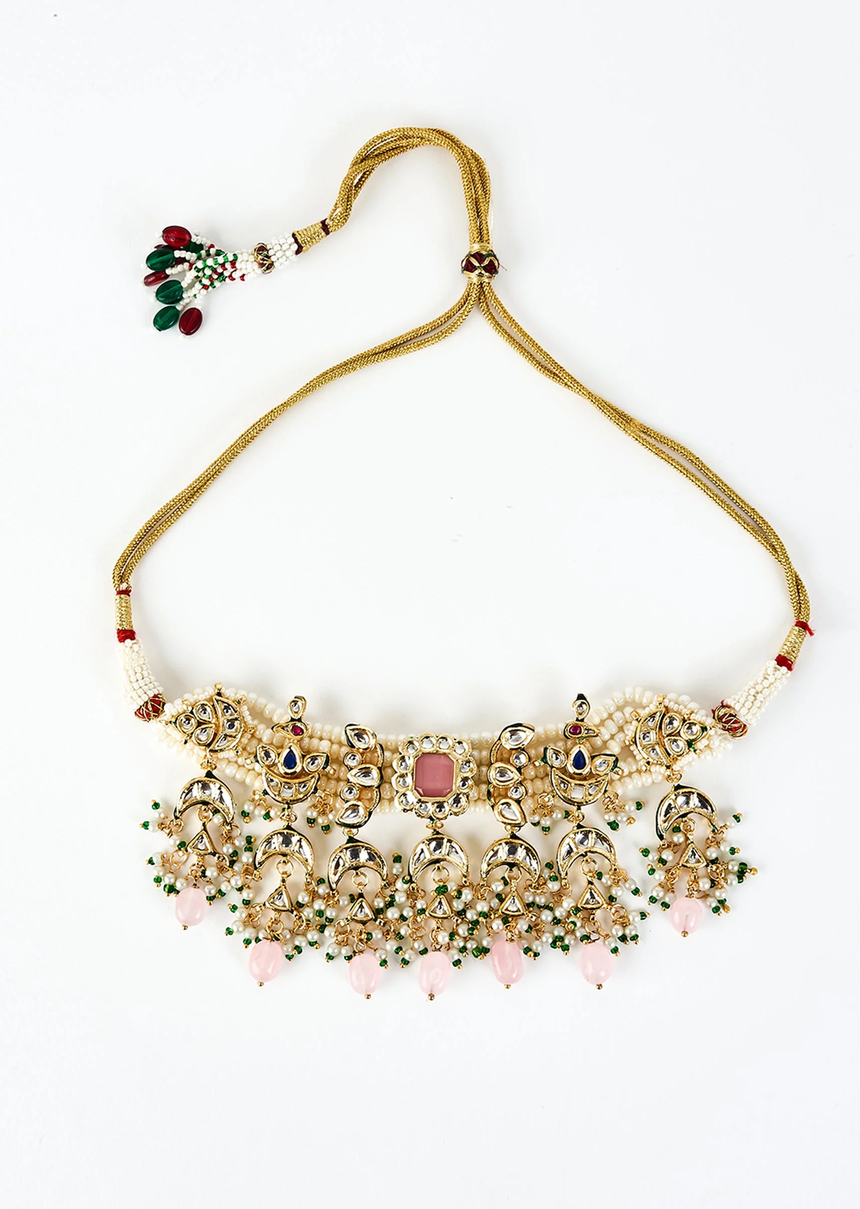 Gold Plated Pink Kundan Polki Choker Necklace Set With Earrings