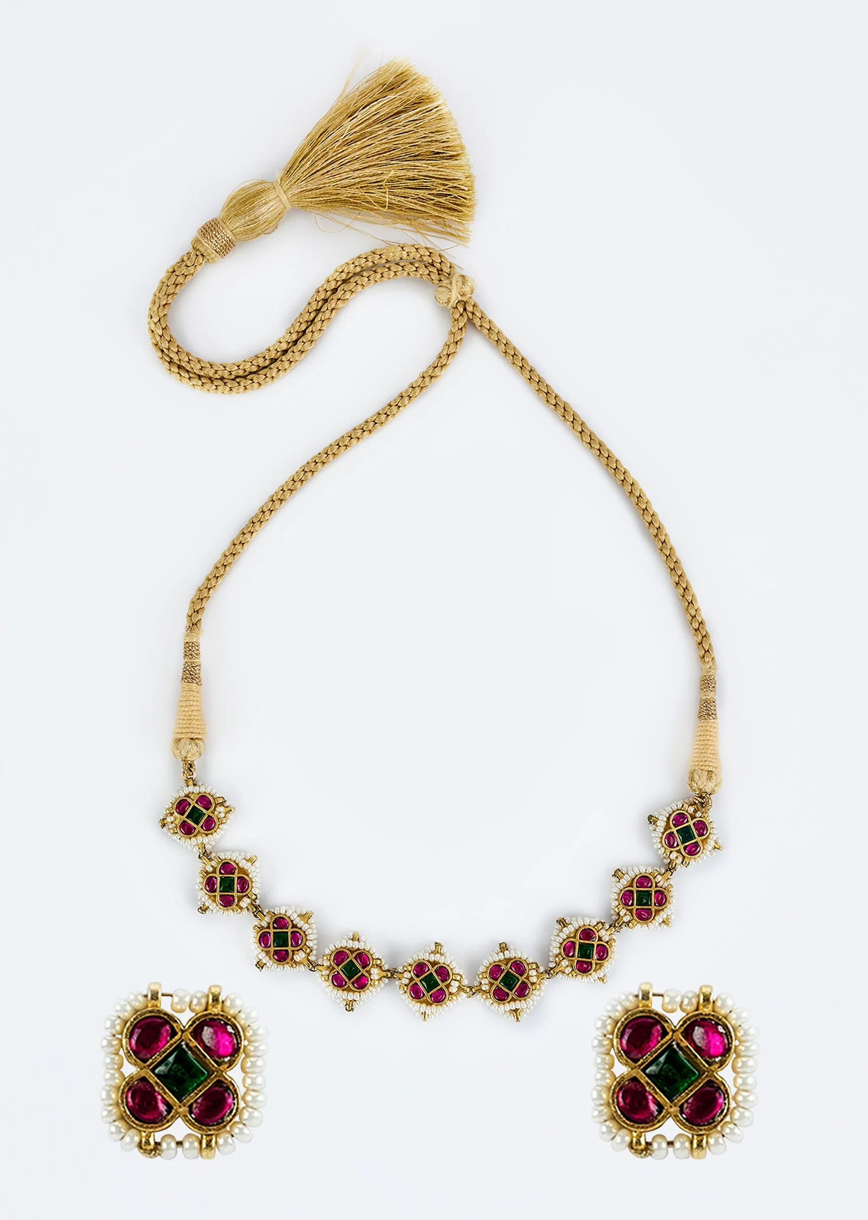 Gold Plated Red And White Kundan Polki Choker Necklace Set With 2 Earrings