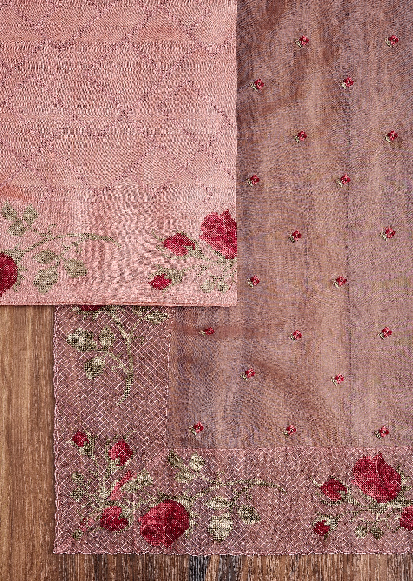 Pink Tussar Embroidered Dress Material Suit