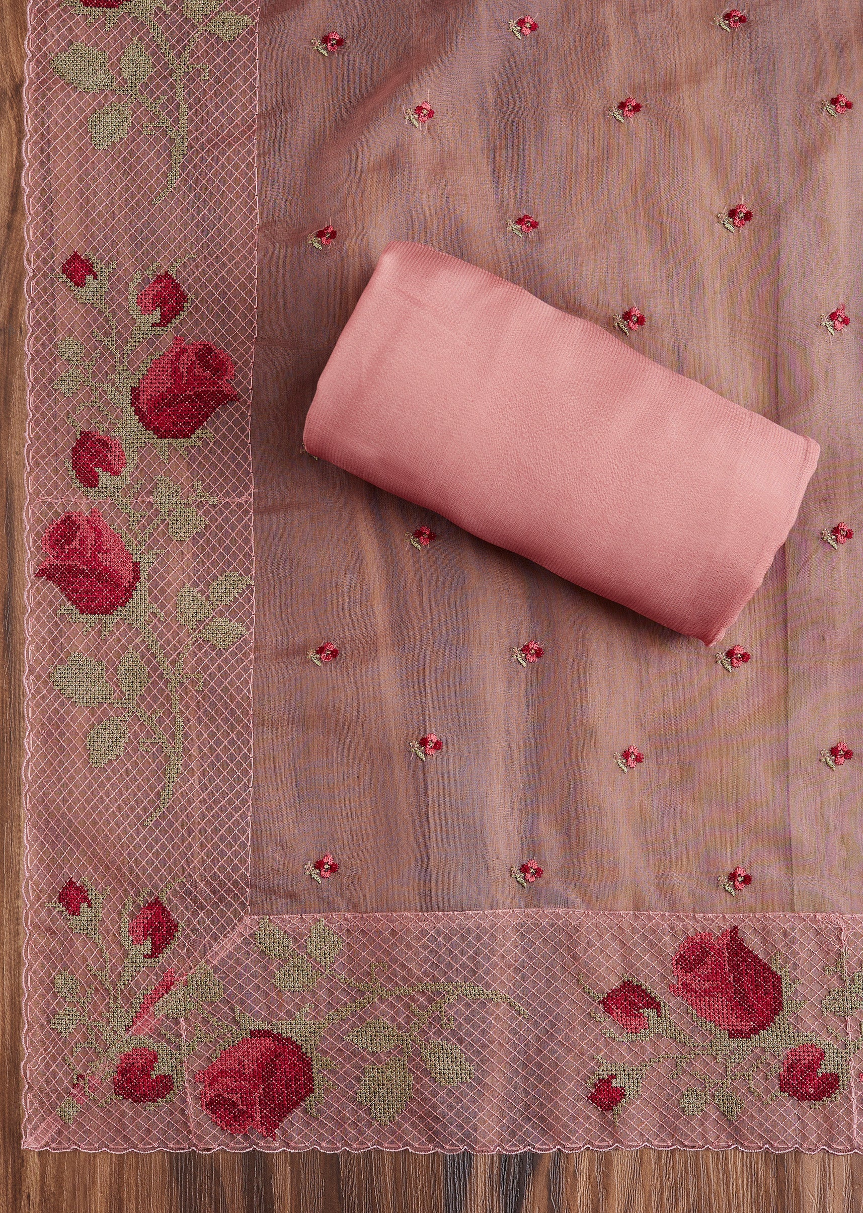 Pink Tussar Embroidered Dress Material Suit