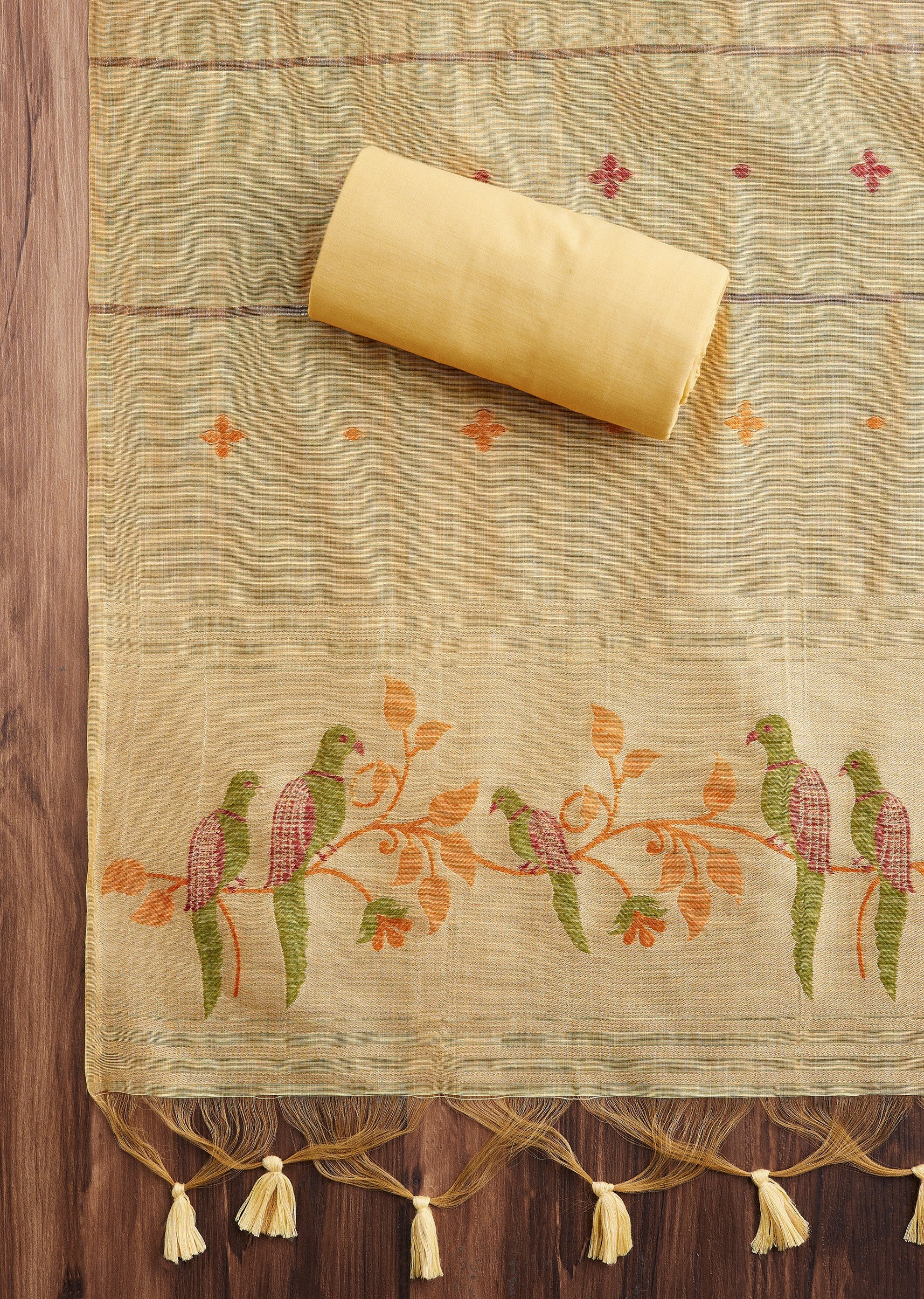 Yellow Linen Embroidered Unstitched Suit