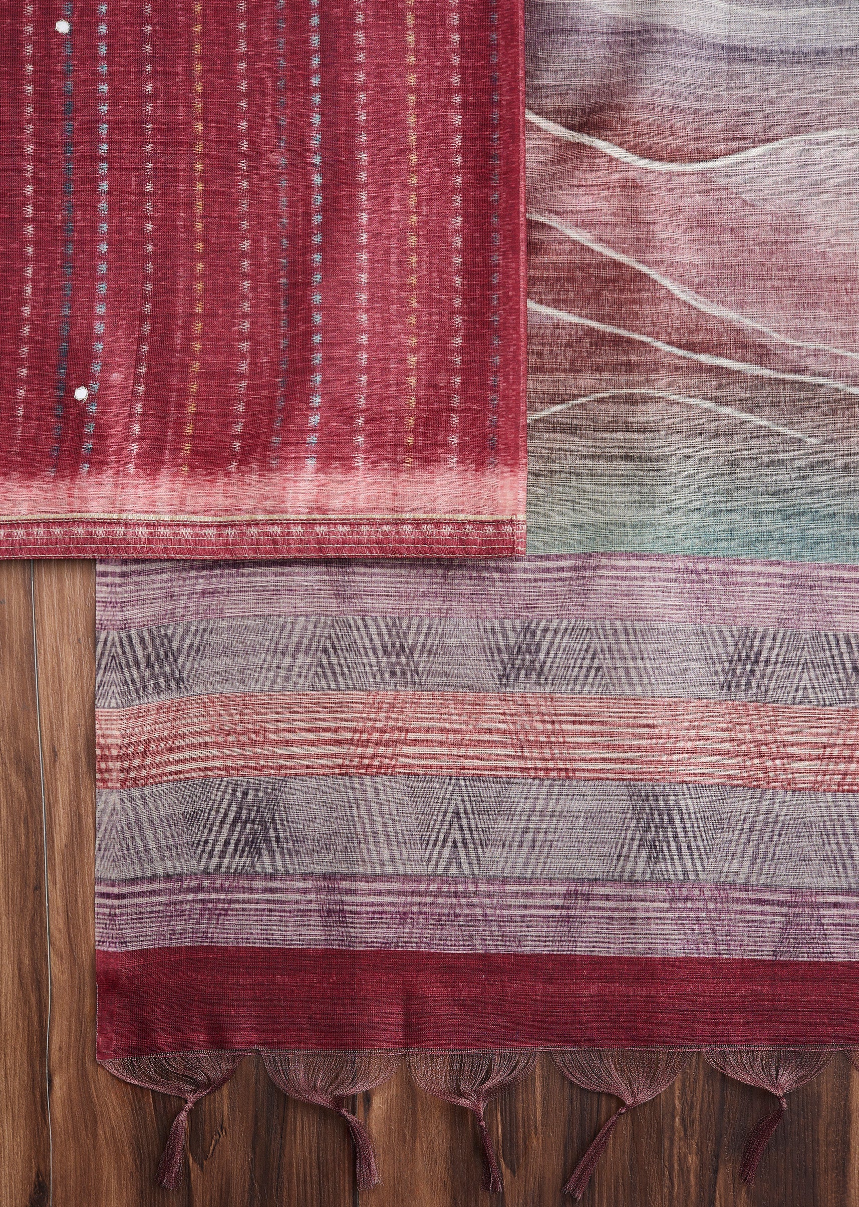Maroon Dola Silk Printed Unstitched Suit