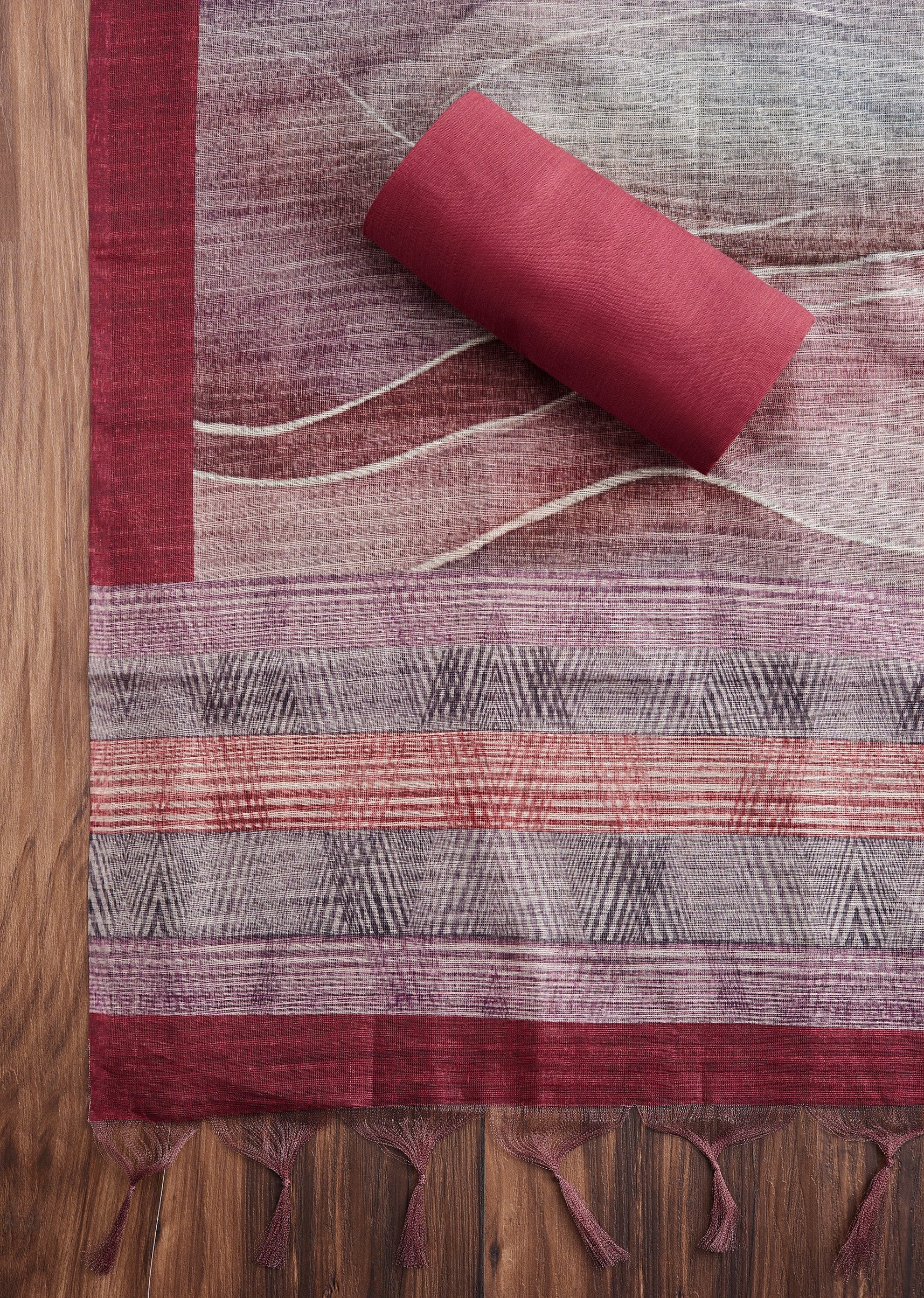 Maroon Dola Silk Printed Unstitched Suit