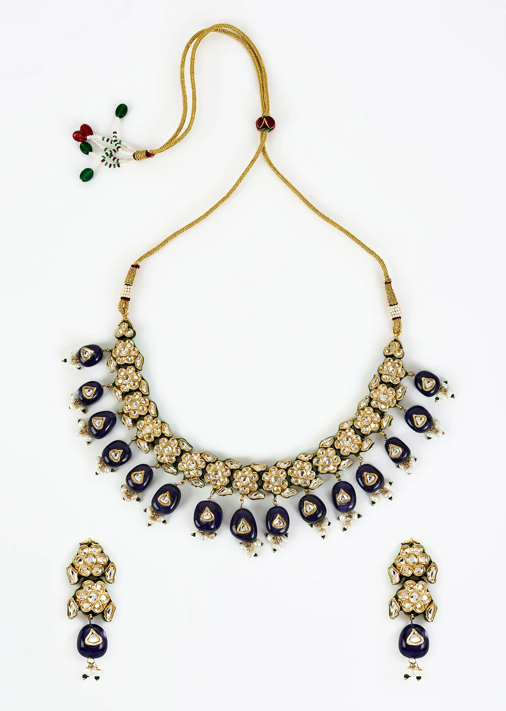 Gold Plated Blue Kundan Polki Choker Necklace Set With Earrings