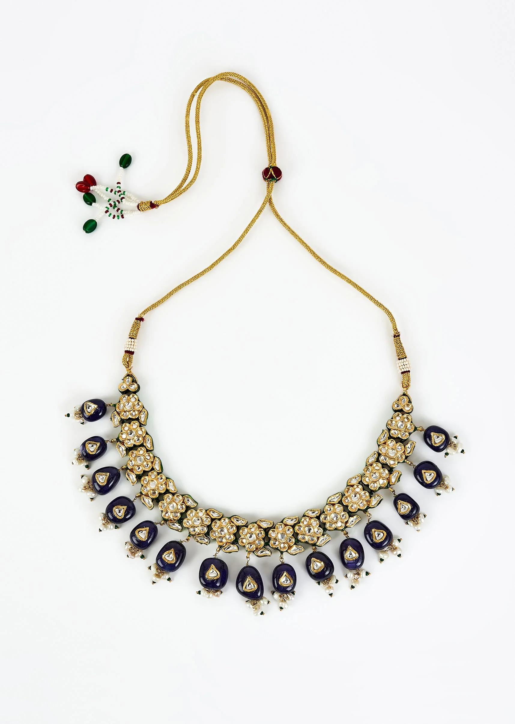 Gold Plated Blue Kundan Polki Choker Necklace Set With Earrings