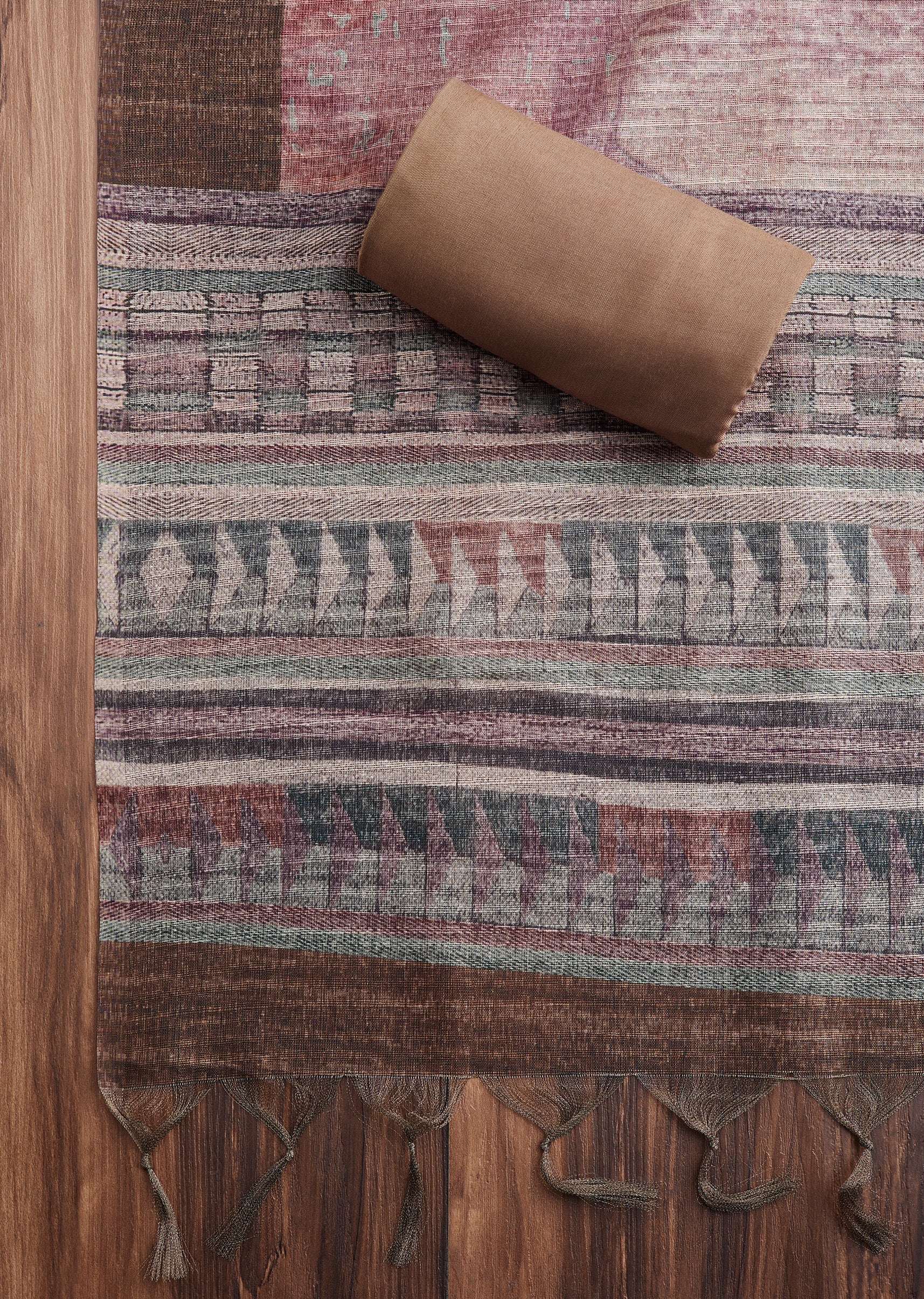 Brown Dola Silk Printed Unstitched Suit