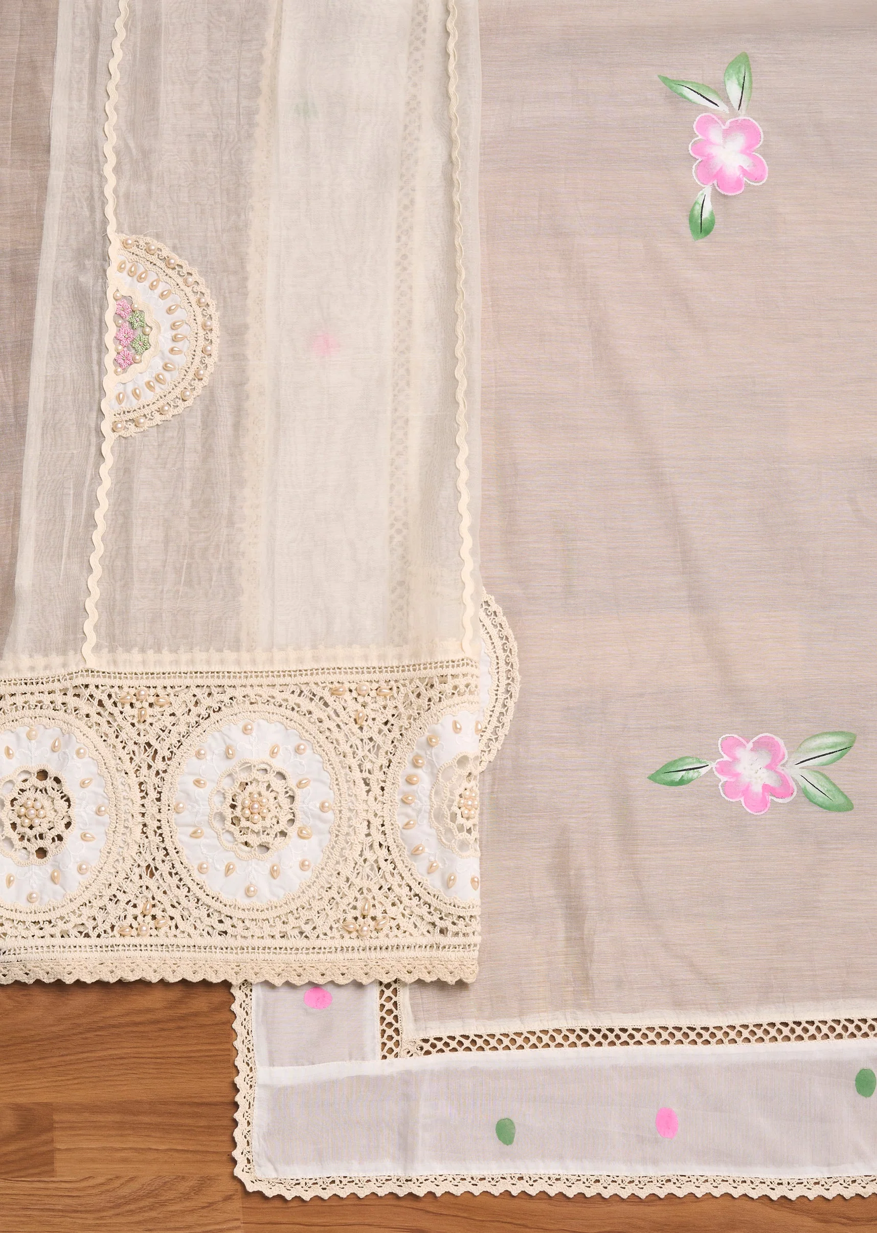 Ivory Chanderi Embroidered Unstitched Suit Set