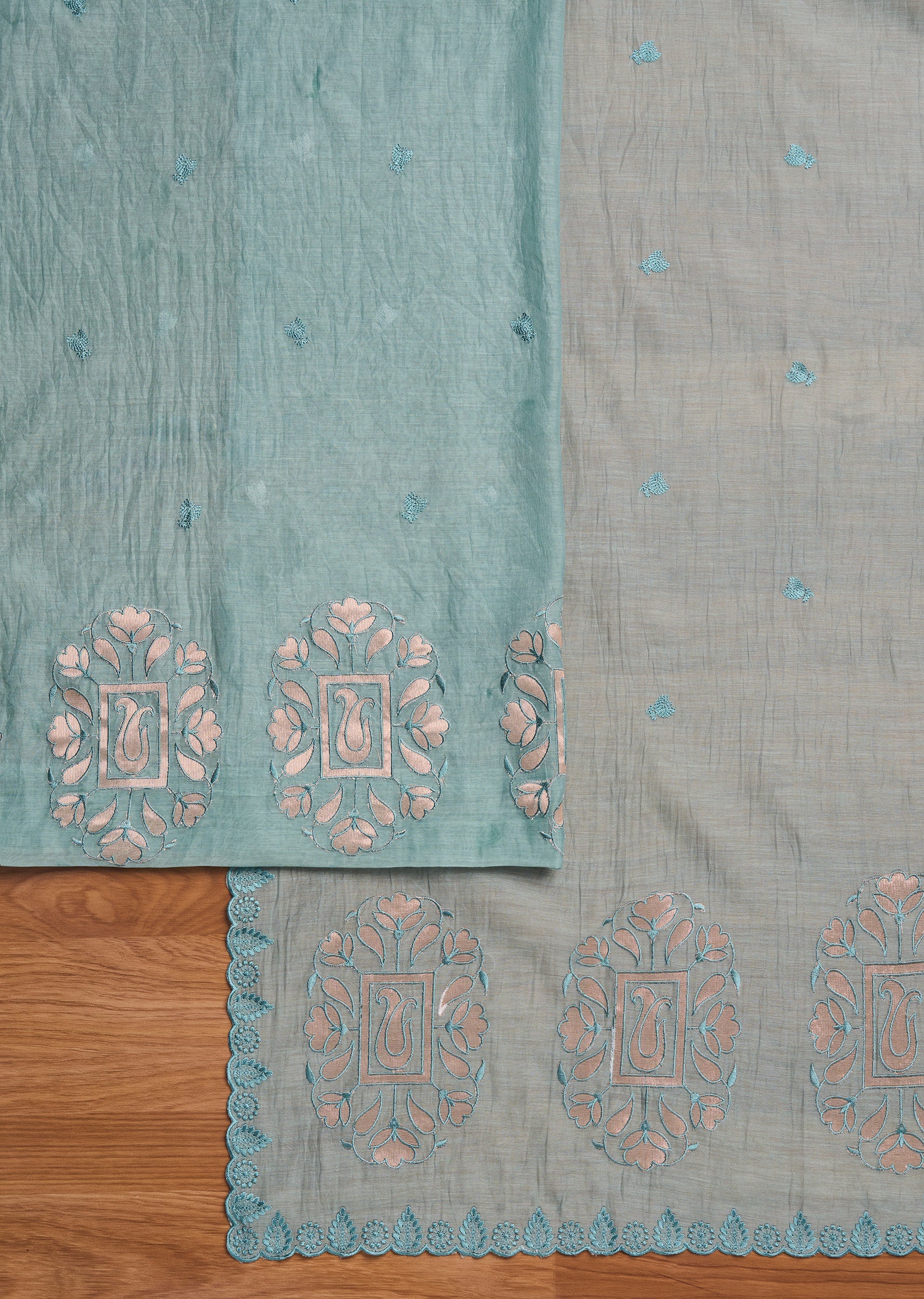 Soft Blue Chanderi Embroidered Unstitched Suit Set