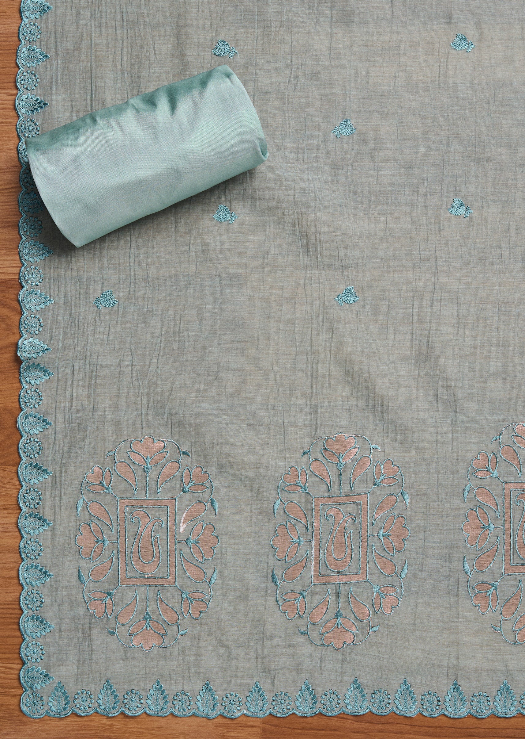 Soft Blue Chanderi Embroidered Unstitched Suit Set