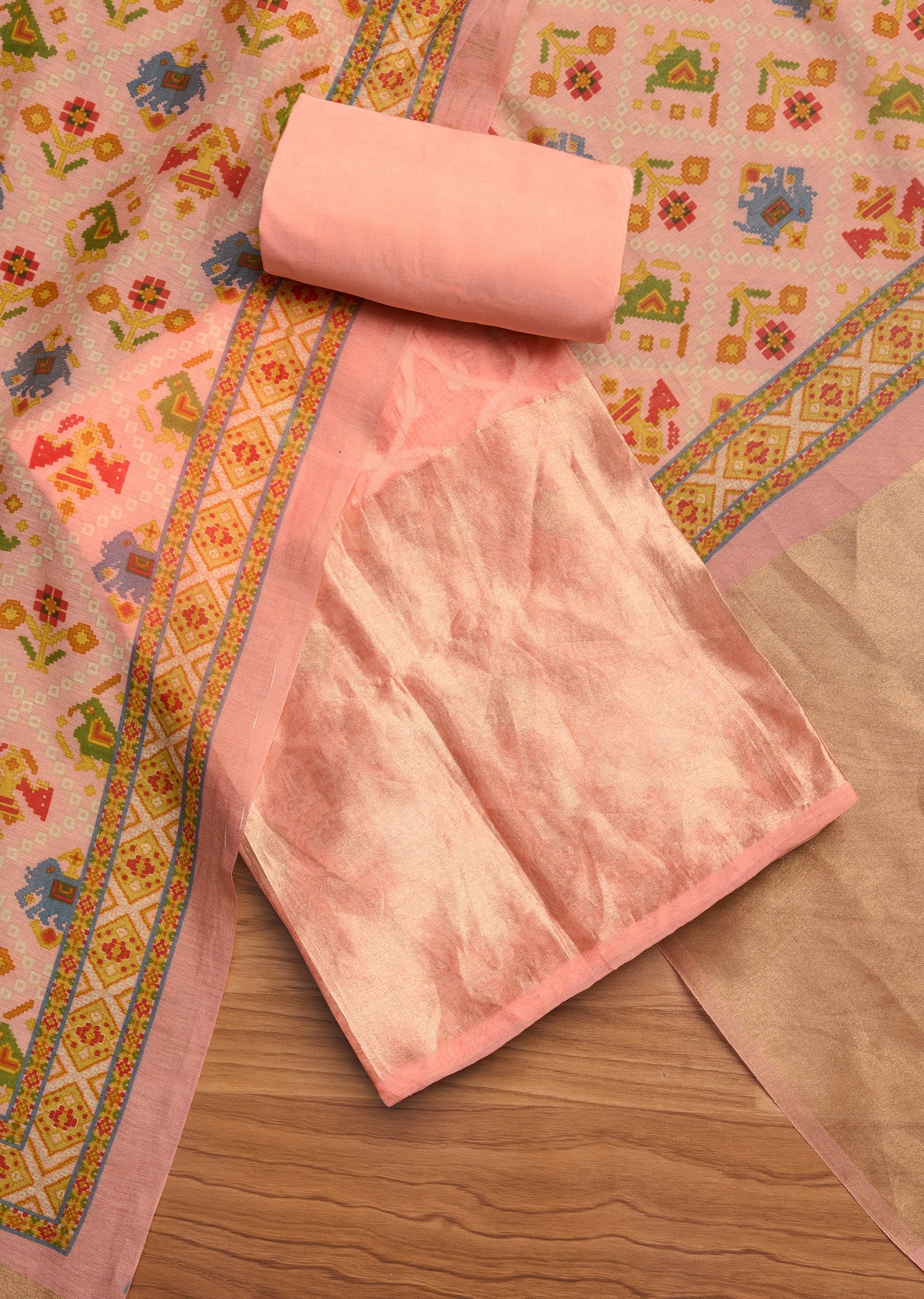 8169-peach-chanderi-with-multi-colour-printed-unstitched-suit-set-1.jpg Peach Chanderi With Multi Colour Printed Unstitched Suit Set