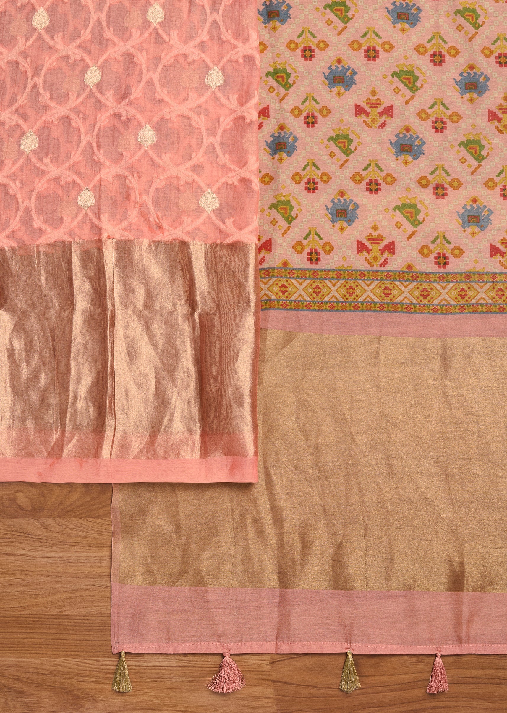 Peach Chanderi With Multi Colour Printed Unstitched Suit Set
