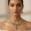 Gold Plated Multicolored Kundan Polki Short Necklace Set With Earrings