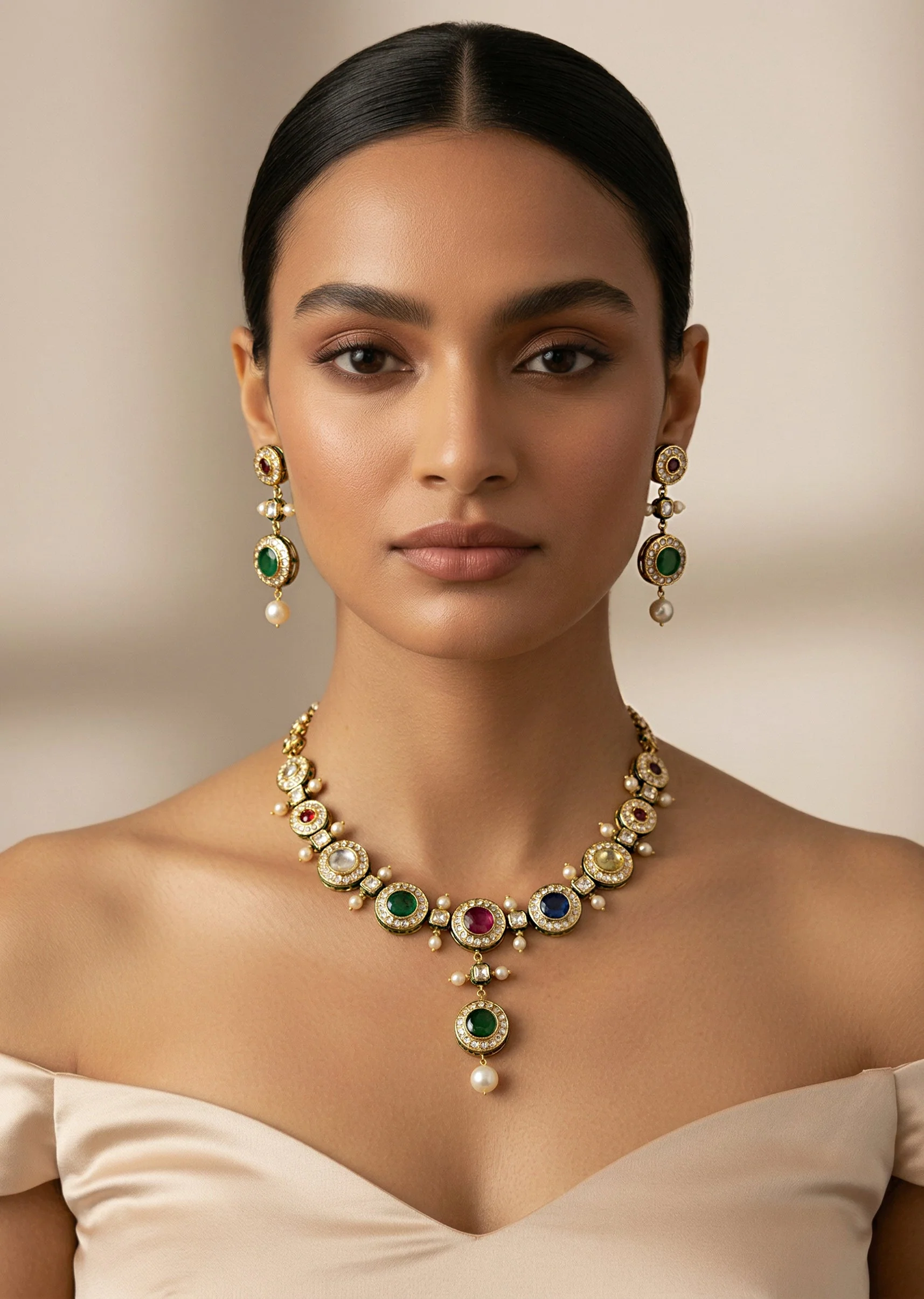 Gold Plated Multicolored Kundan Polki Short Necklace Set With Earrings