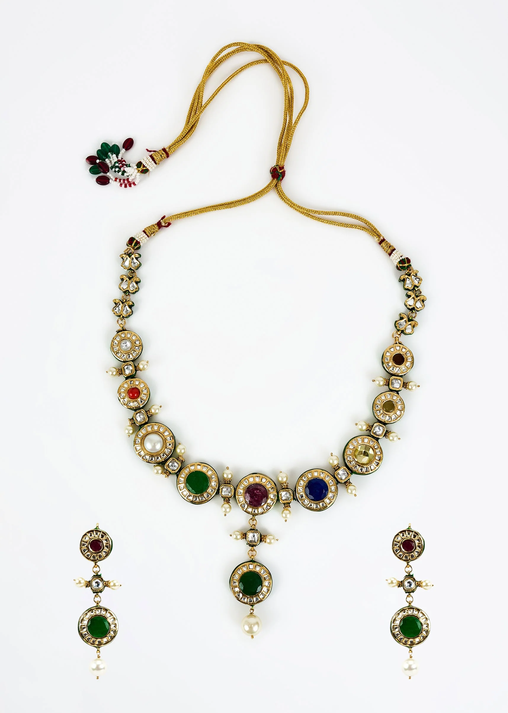Gold Plated Multicolored Kundan Polki Short Necklace Set With Earrings