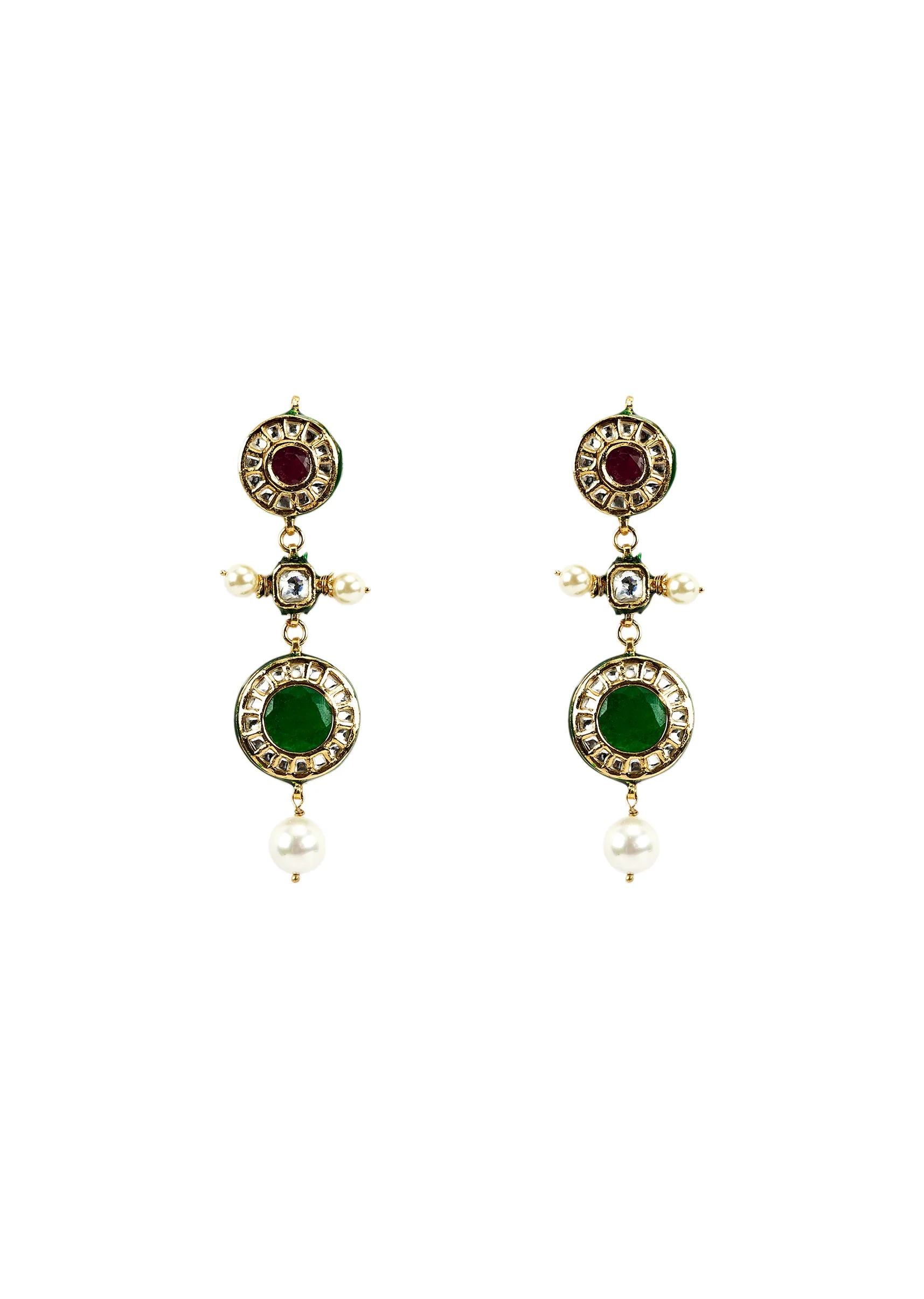 Gold Plated Multicolored Kundan Polki Short Necklace Set With Earrings