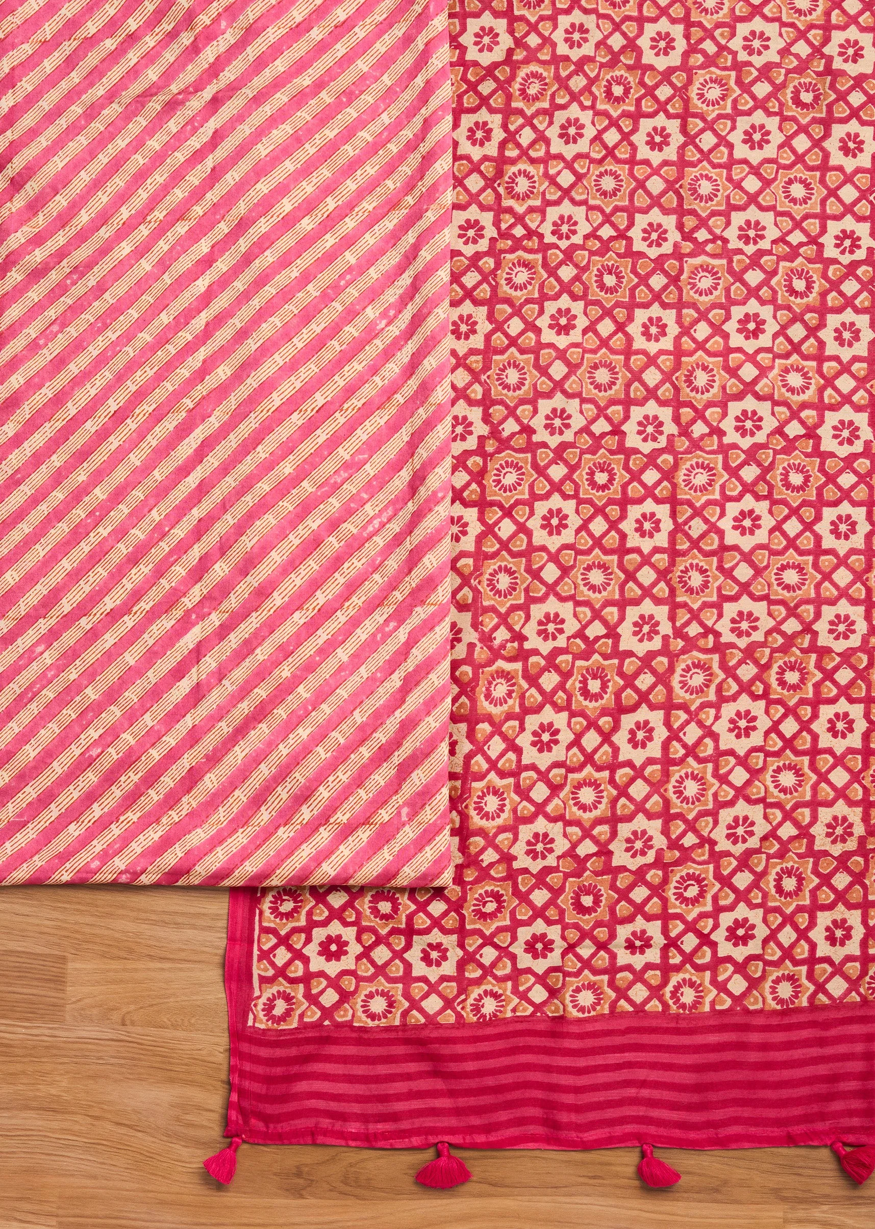 Rani Pink Chanderi Printed Unstitched Suit Set