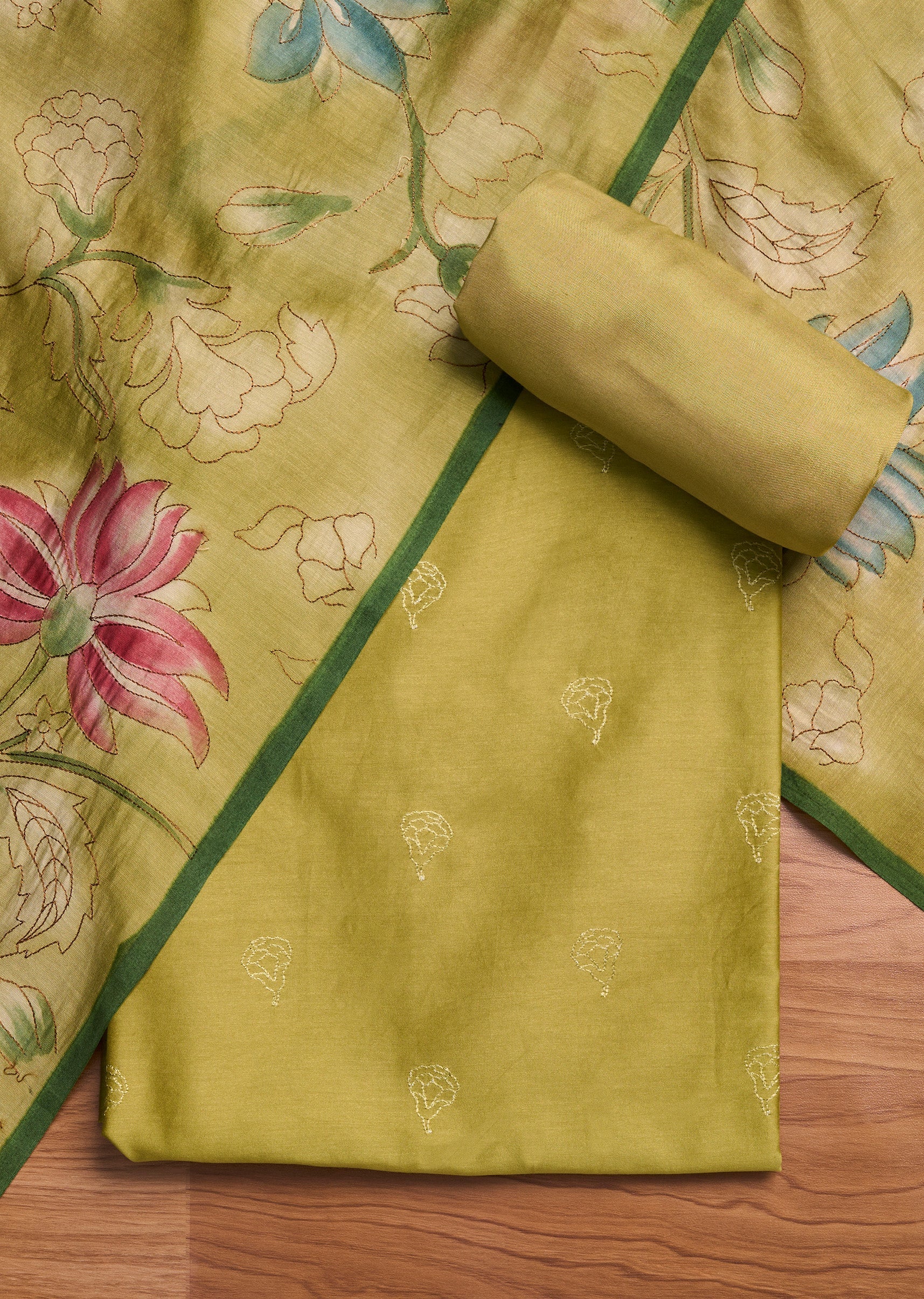 8176-mehendi-green-chanderi-embroidered-unstitched-suit-set-1.jpg Mehendi Green Chanderi Embroidered Unstitched Suit Set