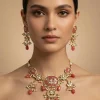 Gold Plated Deep Pink Choker Necklace Set With Earrings