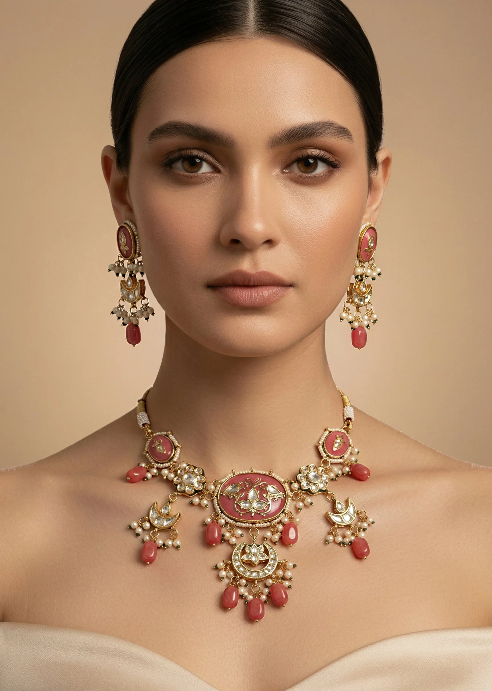 Gold Plated Deep Pink Choker Necklace Set With Earrings