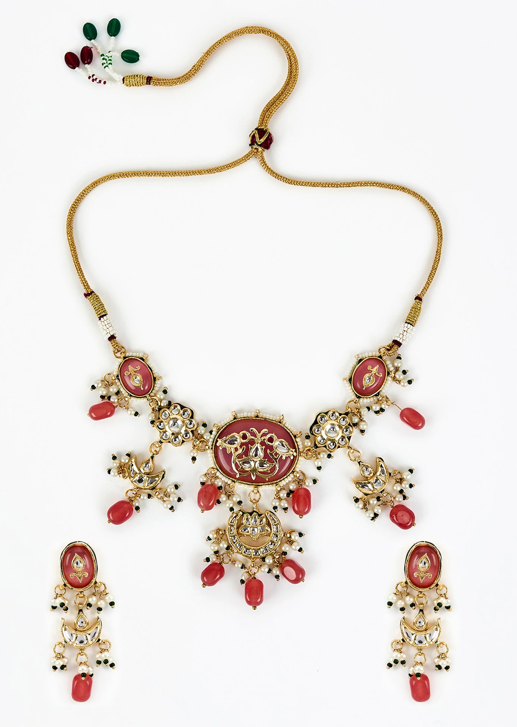 Gold Plated Deep Pink Choker Necklace Set With Earrings