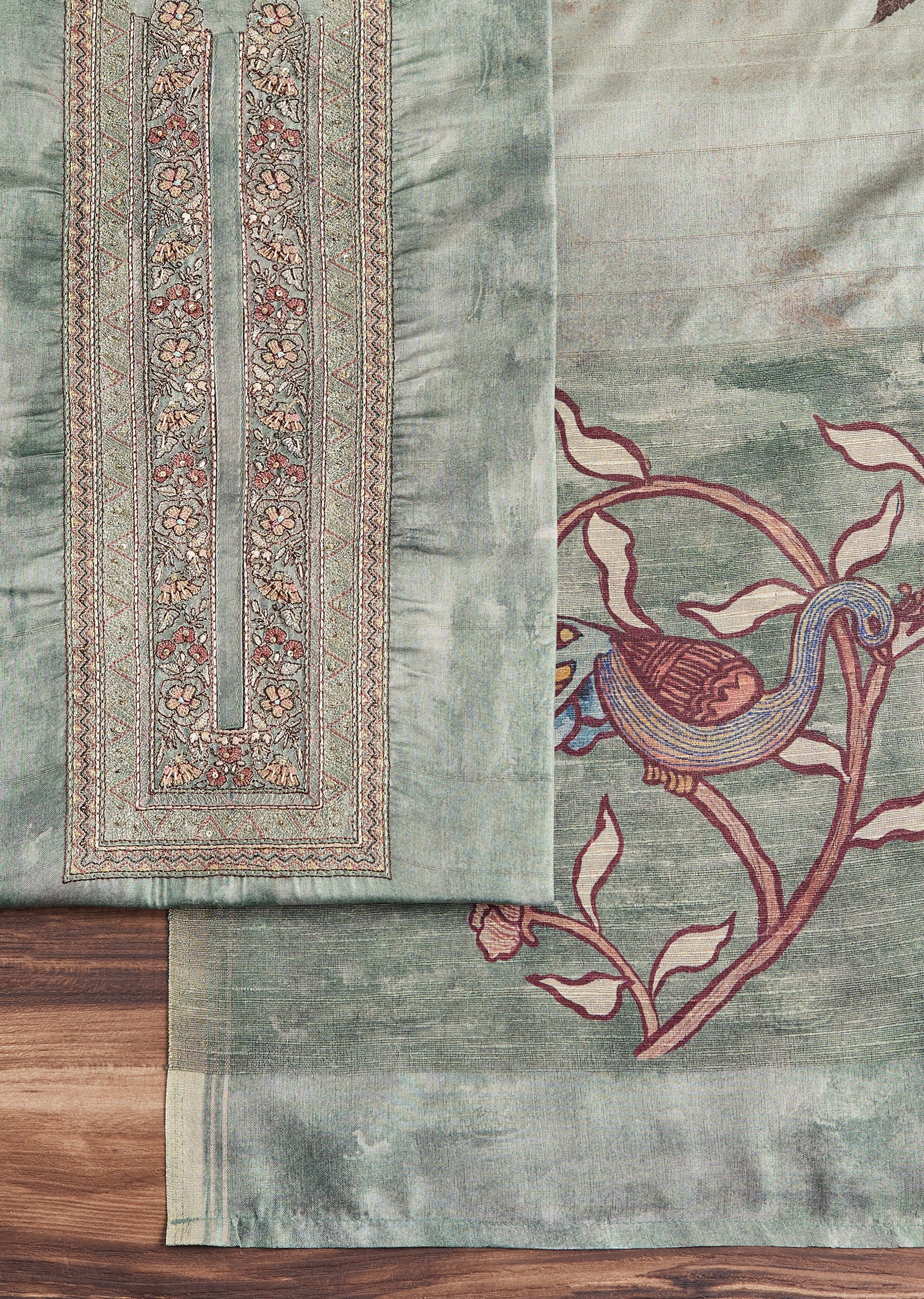 Mint Green Chanderi Unstitched Suit With Printed Dupatta