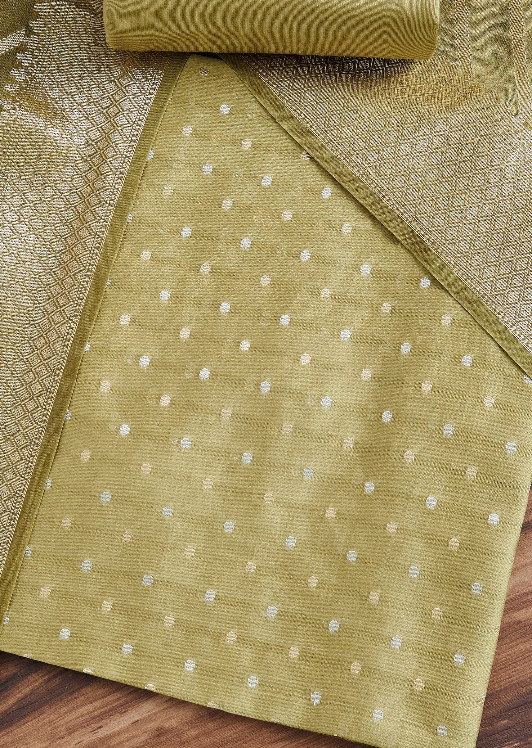 Green Chanderi Unstitched Suit With Dupatta