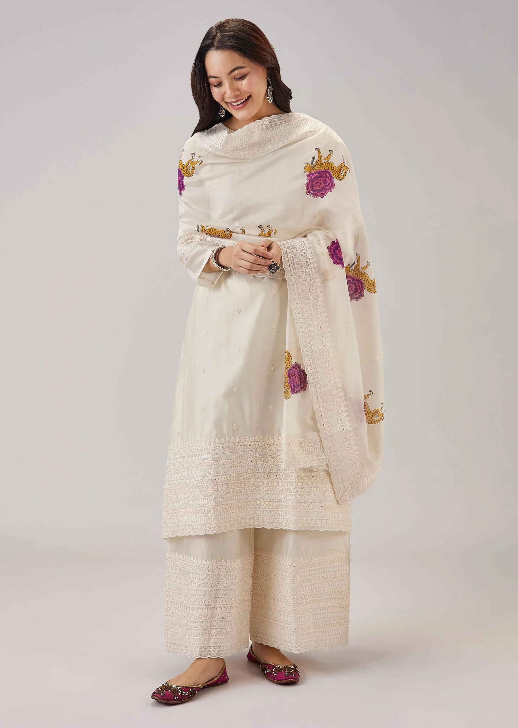 Off White Thread Work Palazzo Set