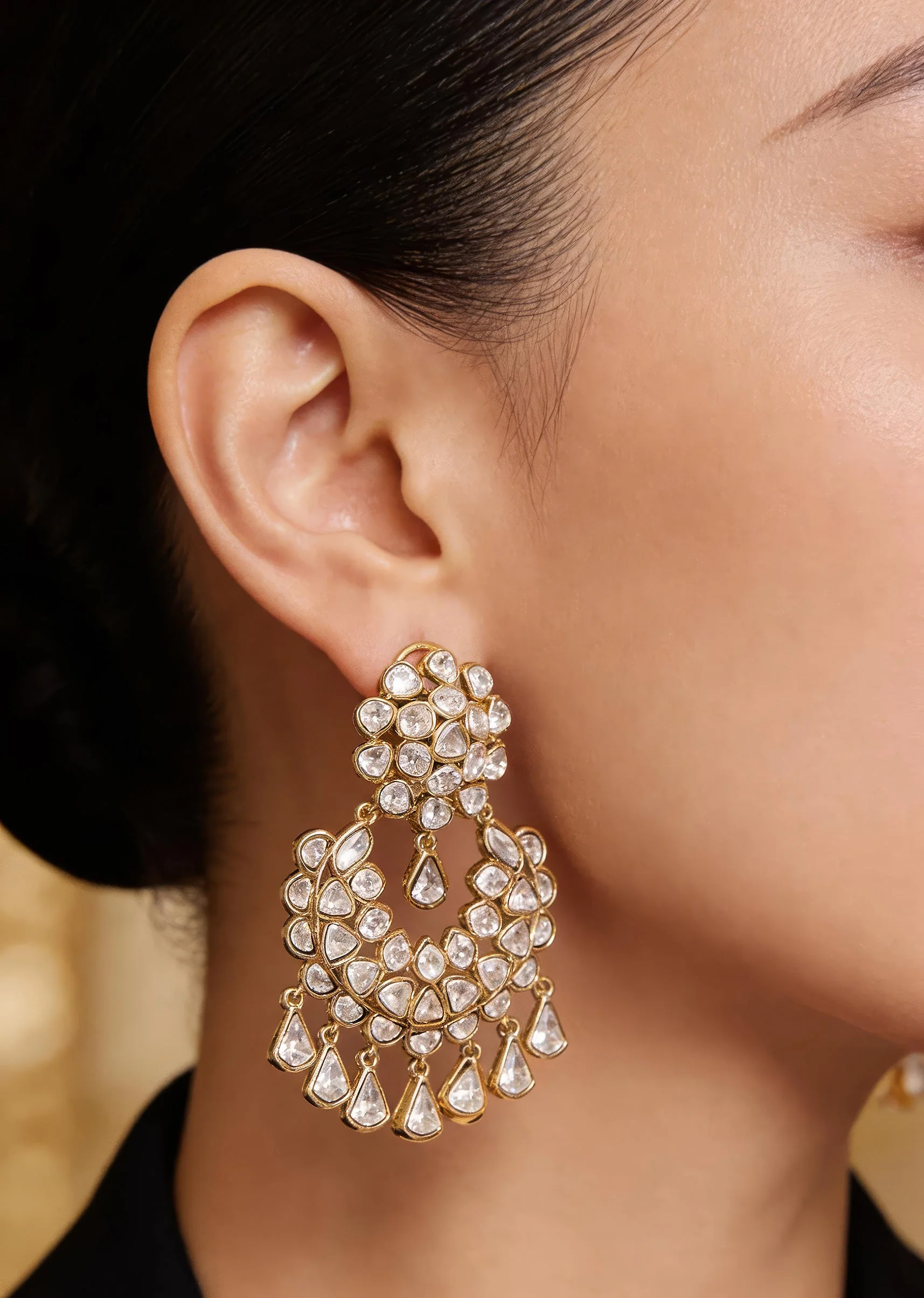 Gold Plated Pearl And Stone Chandelier Earrings