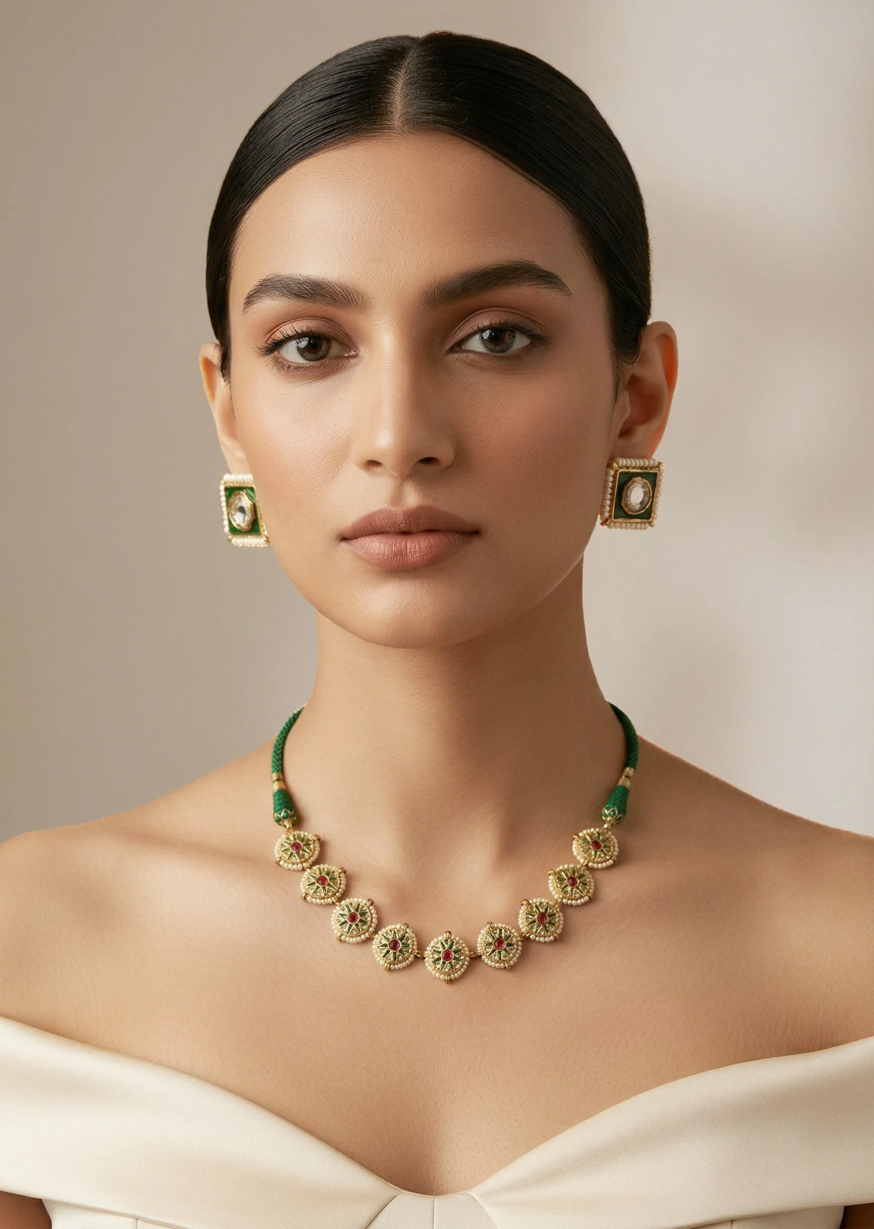 Gold Plated Green And Pink Kundan Polki Choker Necklace Set With 2 Earrings
