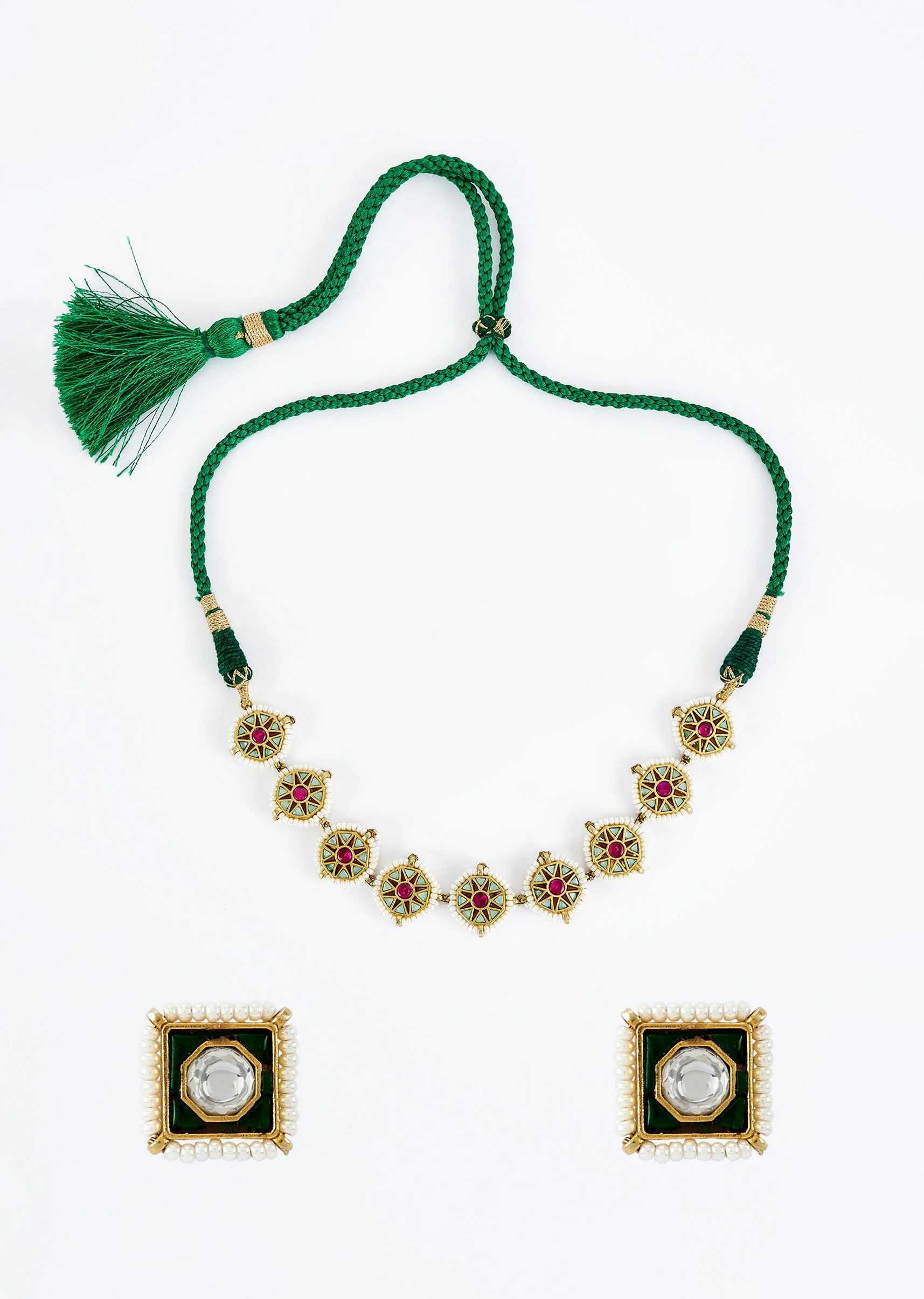 Gold Plated Green And Pink Kundan Polki Choker Necklace Set With 2 Earrings