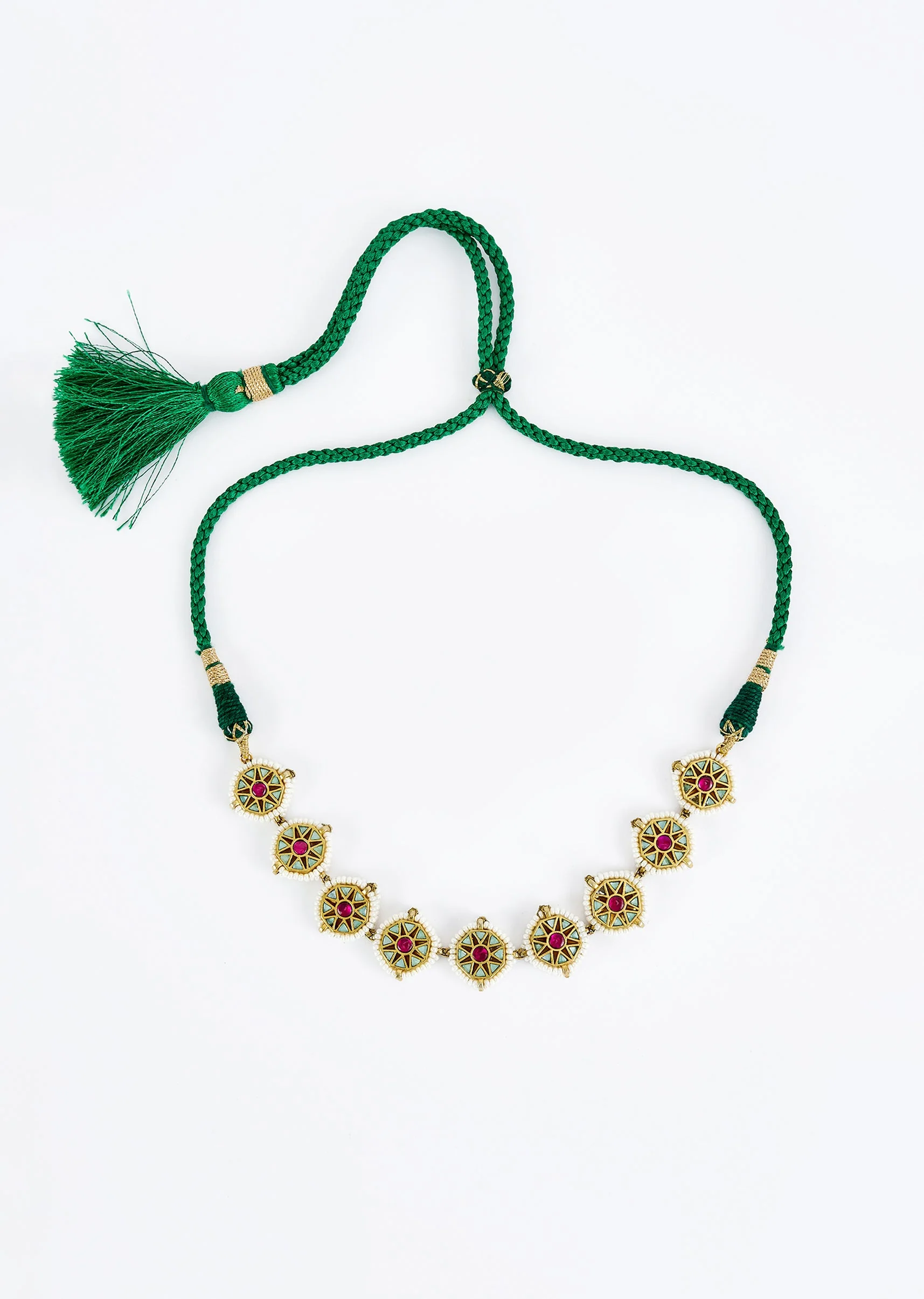 Gold Plated Green And Pink Kundan Polki Choker Necklace Set With 2 Earrings