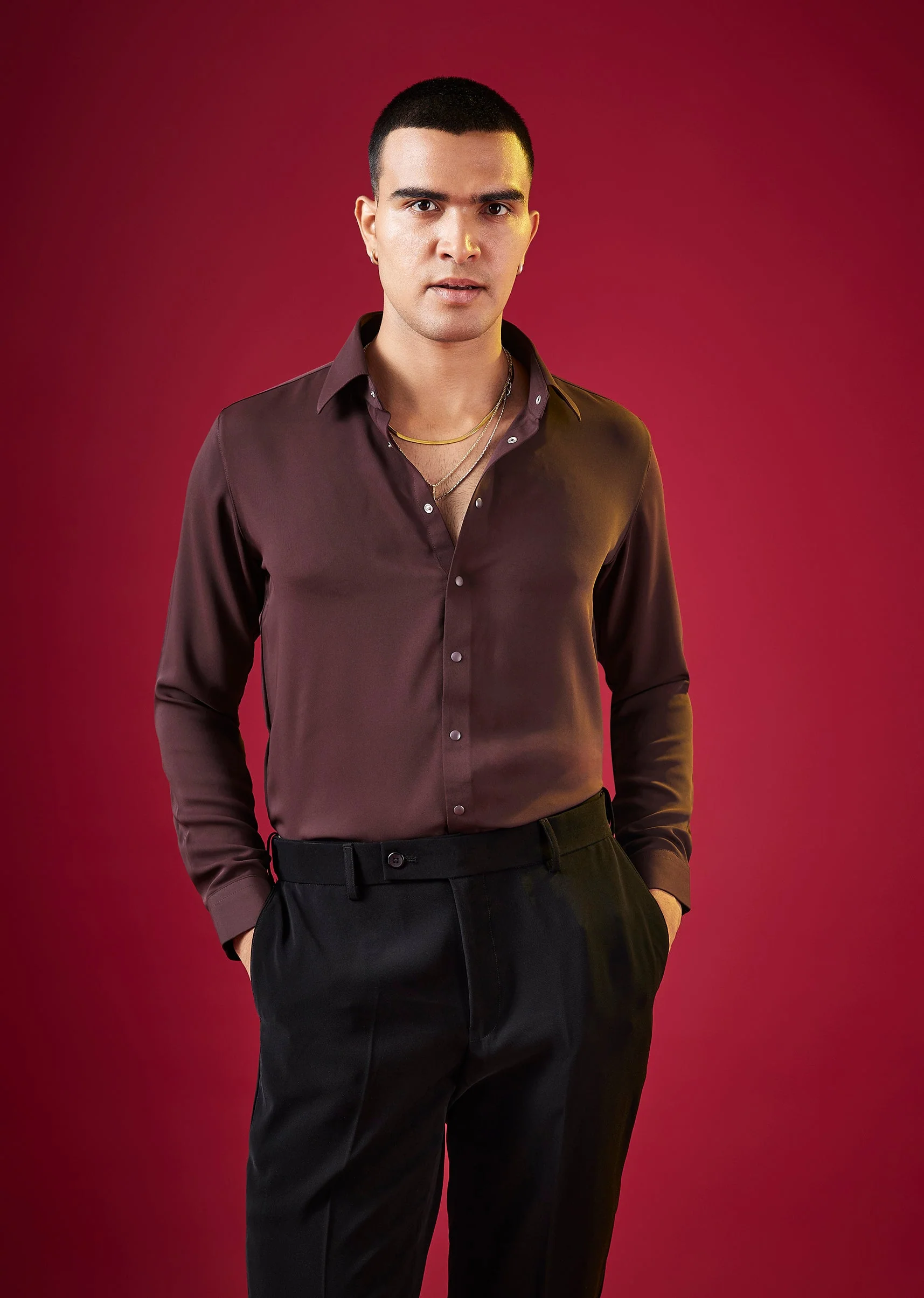 Wine Viscose Button Front Mens Shirt