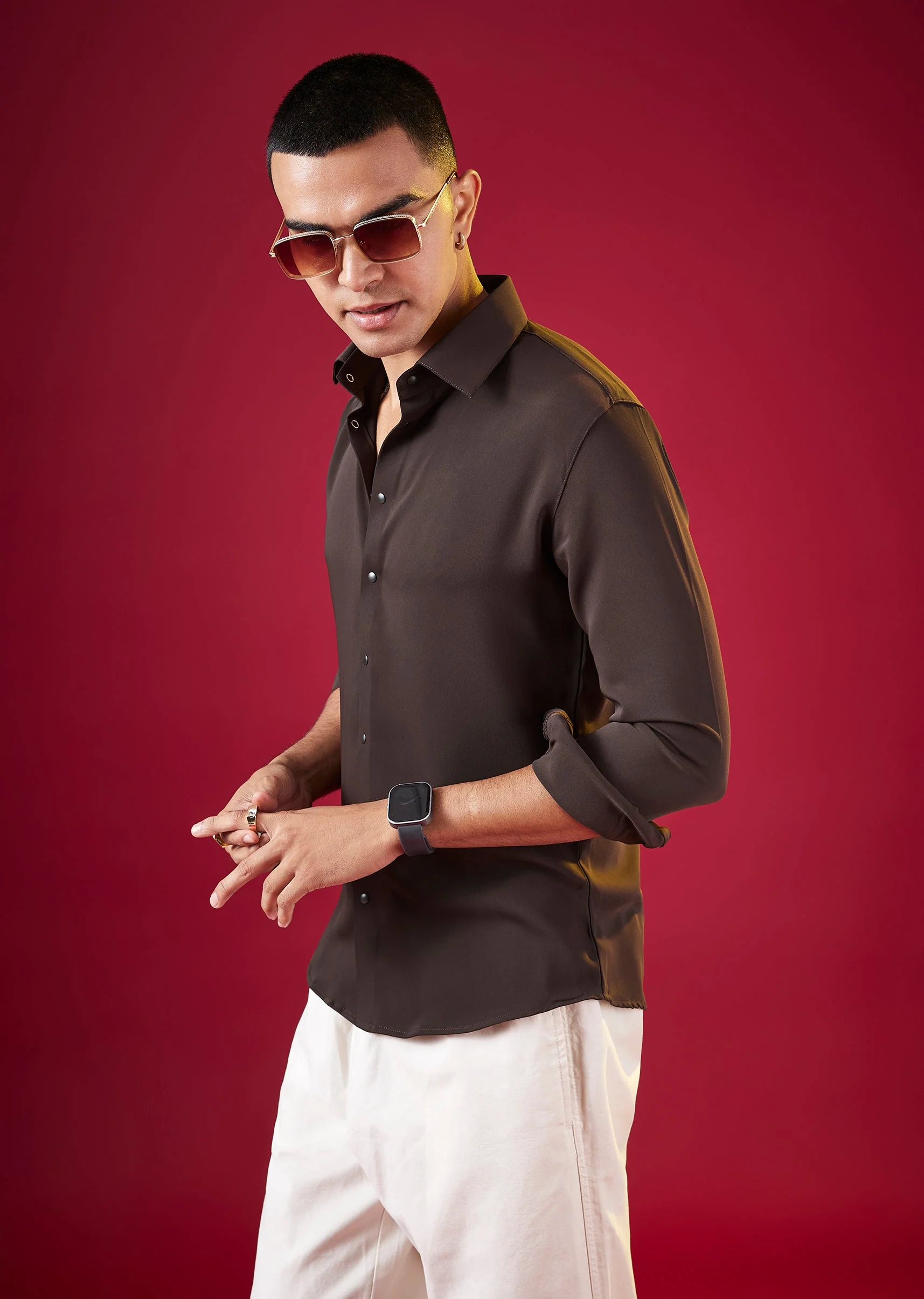8218-brown-viscose-mandarin-collar-solid-mens-shirt-1.webp Brown Viscose Mandarin Collar Solid Mens Shirt