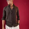 Brown Viscose Mandarin Collar Solid Mens Shirt