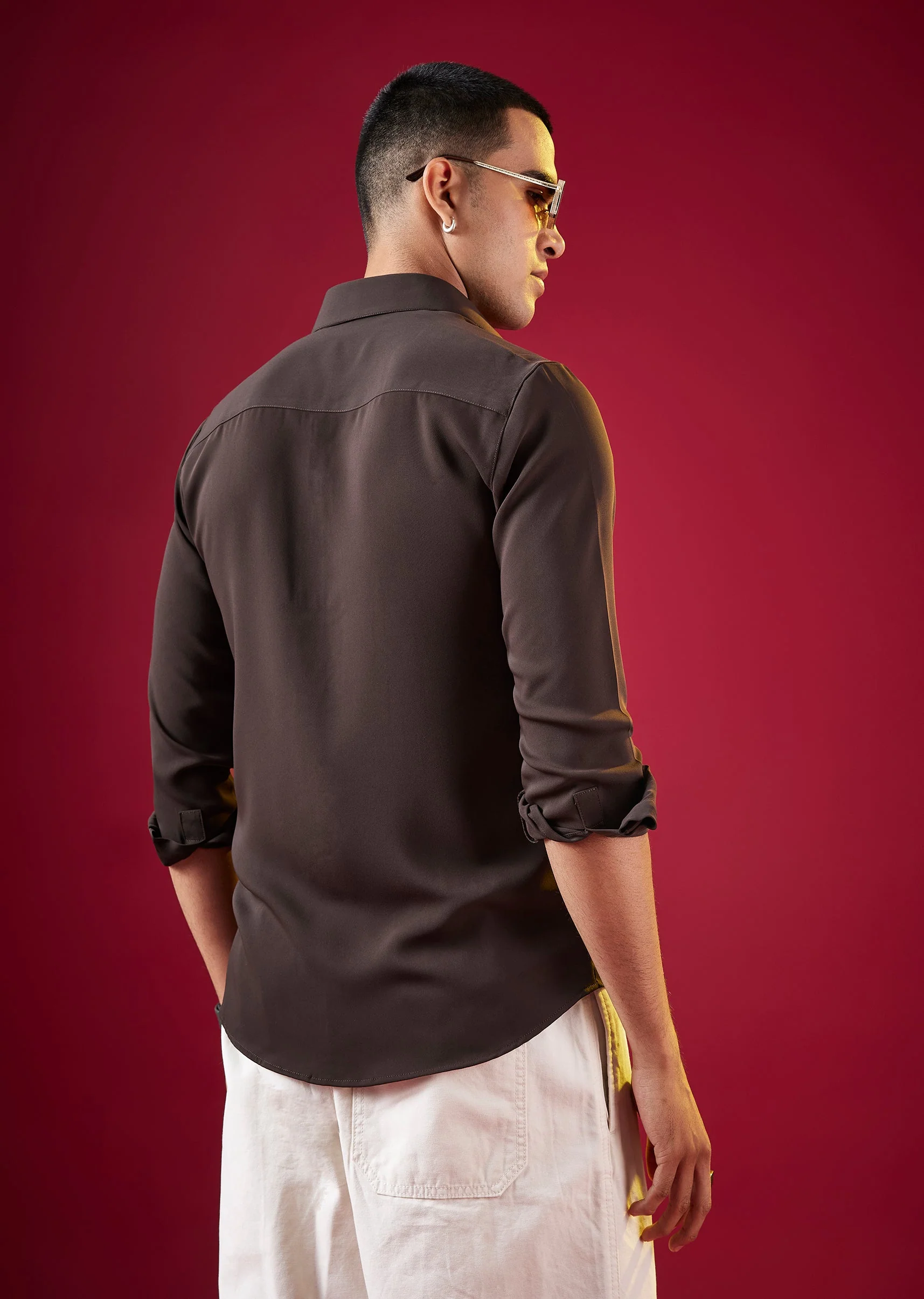 Brown Viscose Mandarin Collar Solid Mens Shirt