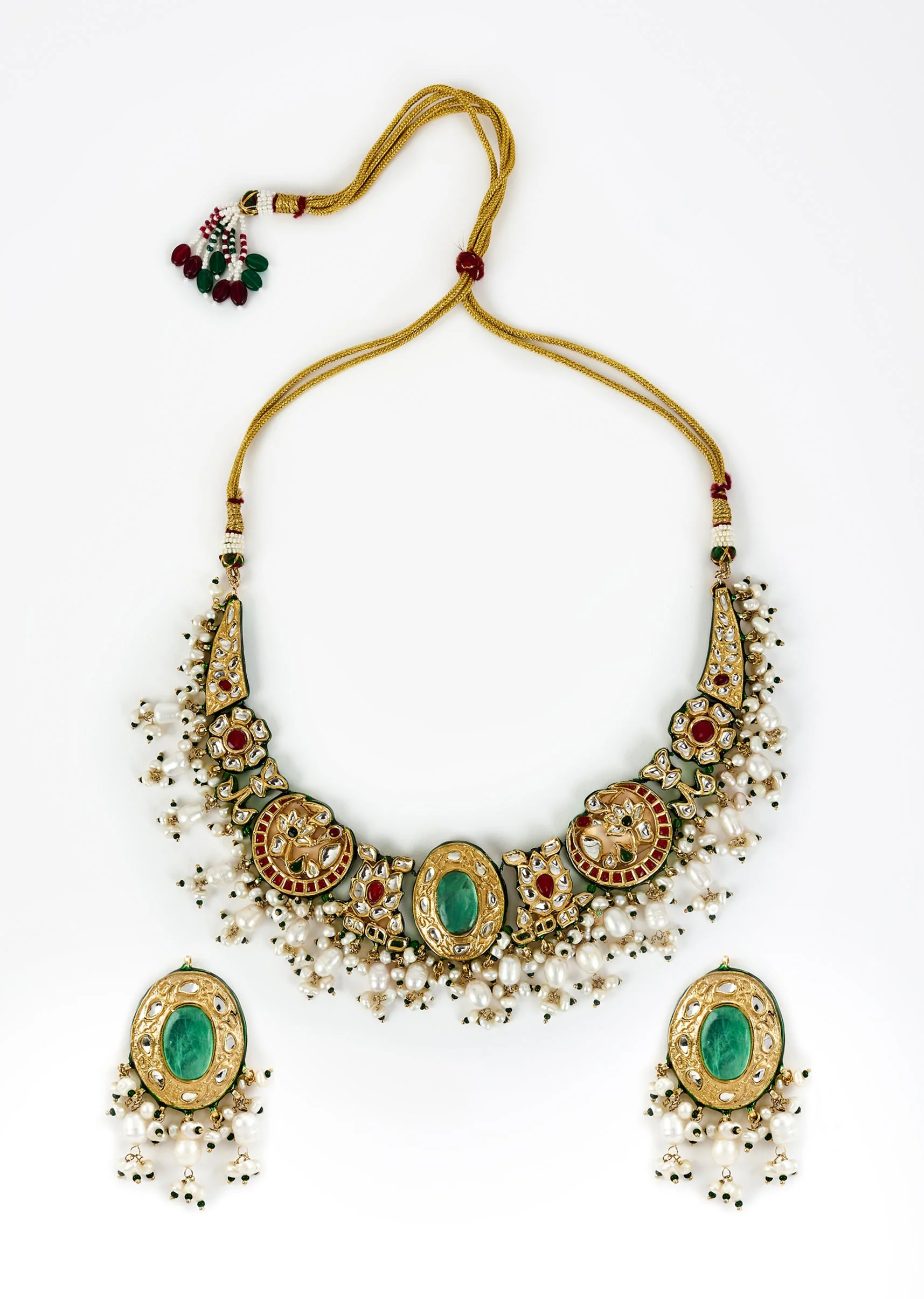 Gold Plated Green Kundan Polki Choker Necklace Set With Earrings