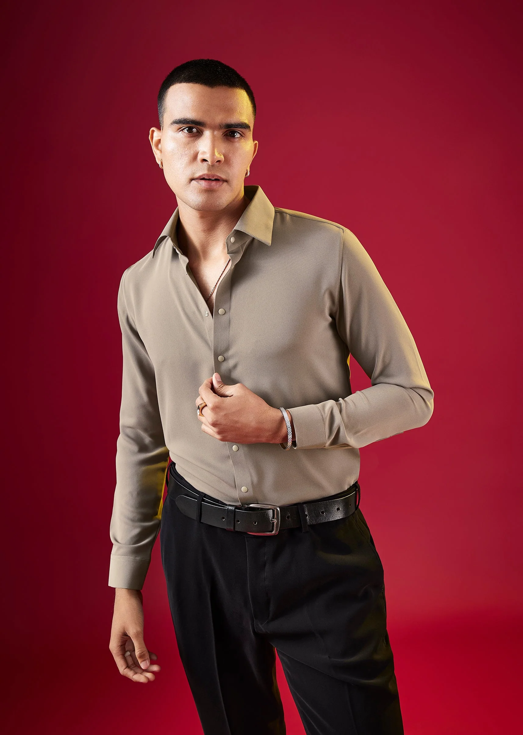 Brown Viscose Button Front Mens Solid Shirt
