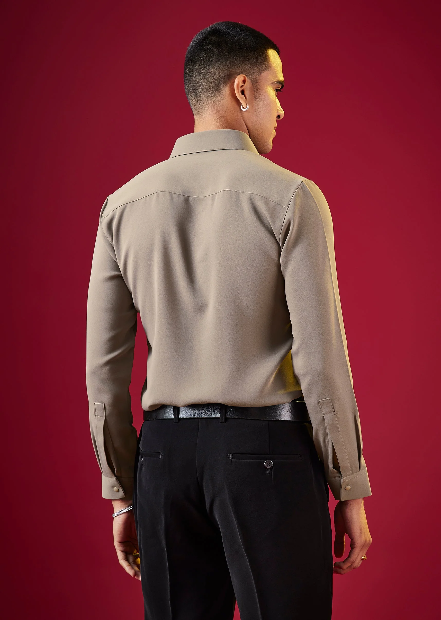 Brown Viscose Button Front Mens Solid Shirt