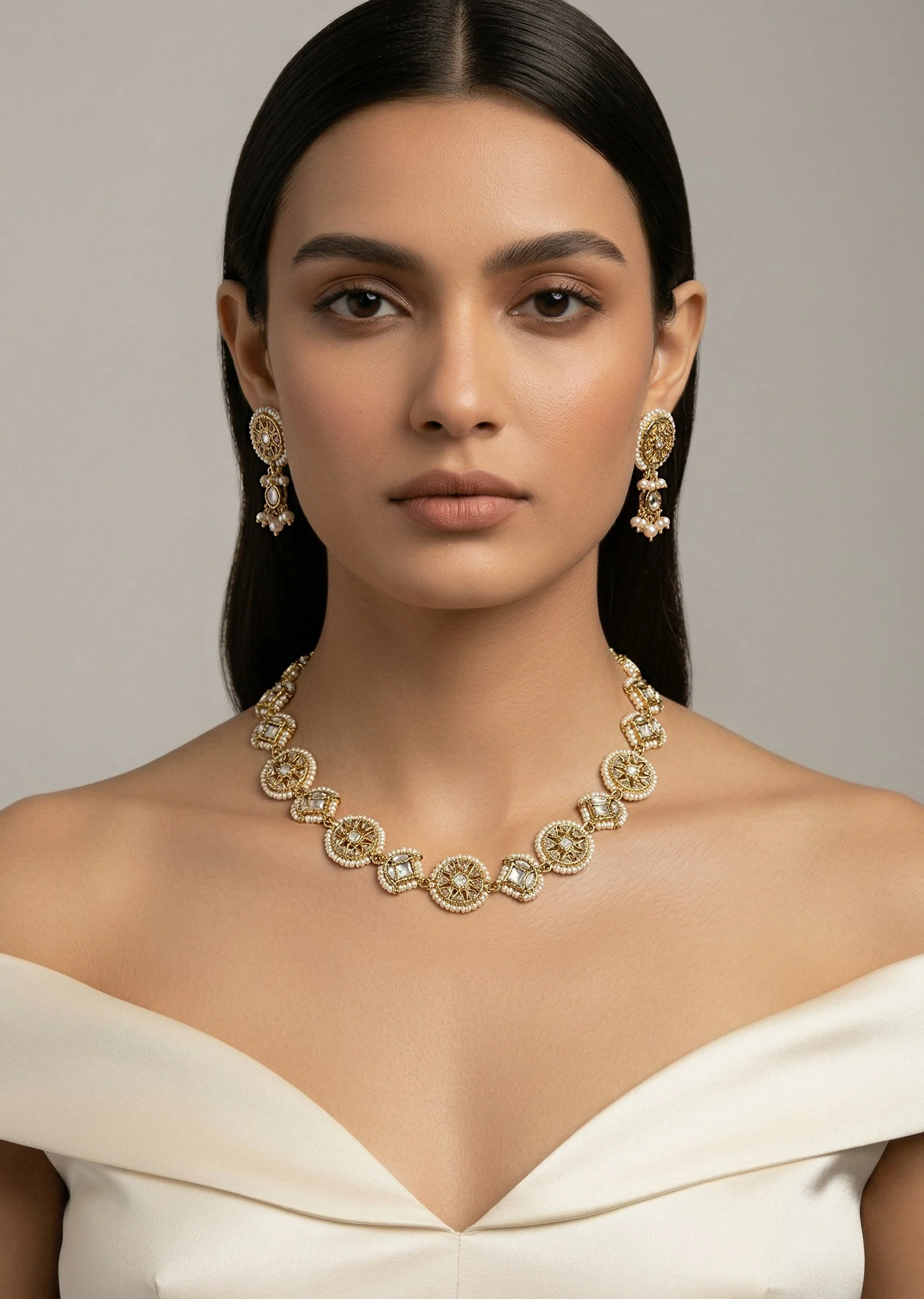 Gold Plated White Kundan Polki Choker Necklace With Earrings Set
