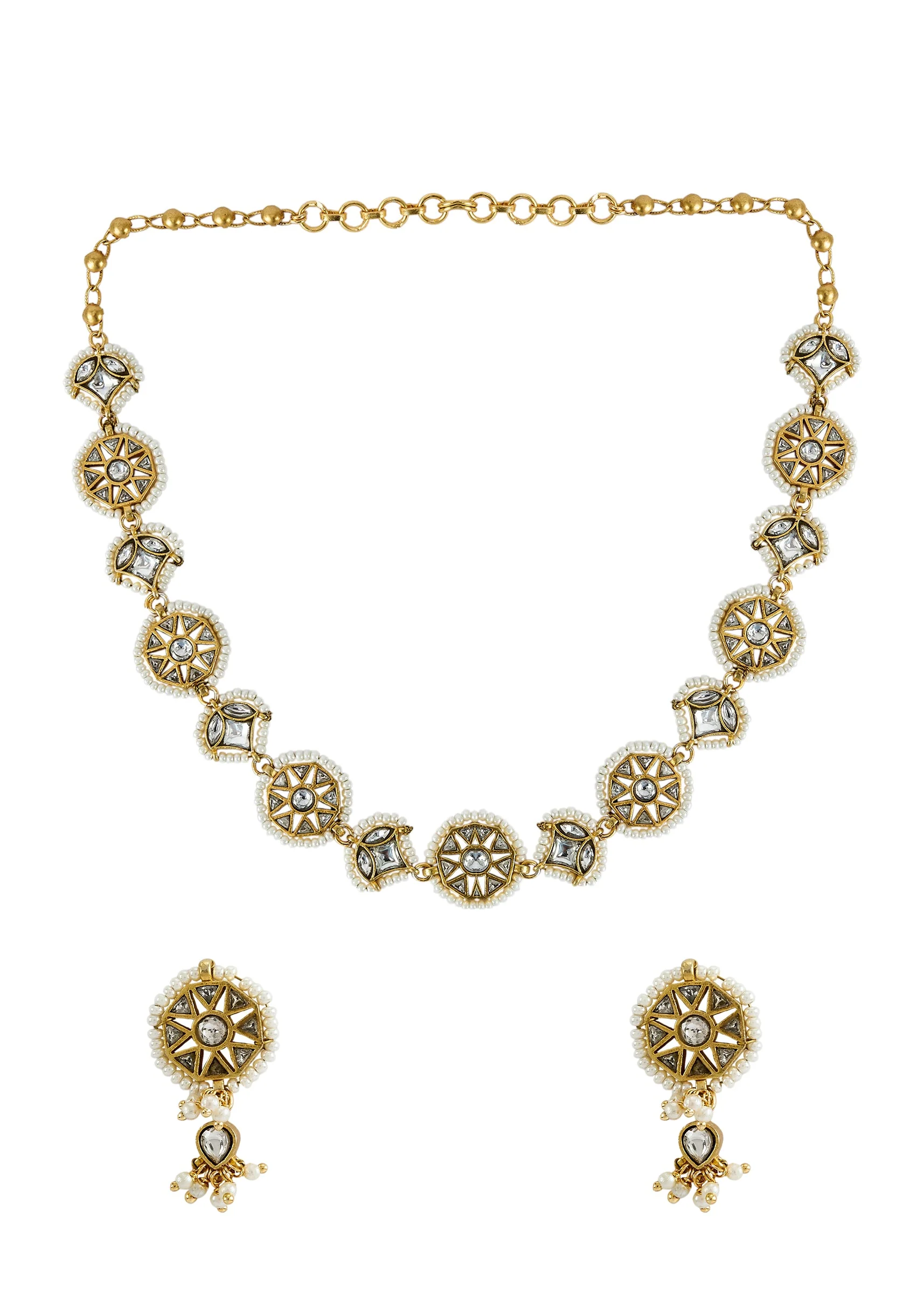 Gold Plated White Kundan Polki Choker Necklace With Earrings Set