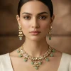 Gold Plated Floral Motif Mint Green Beaded Necklace Set