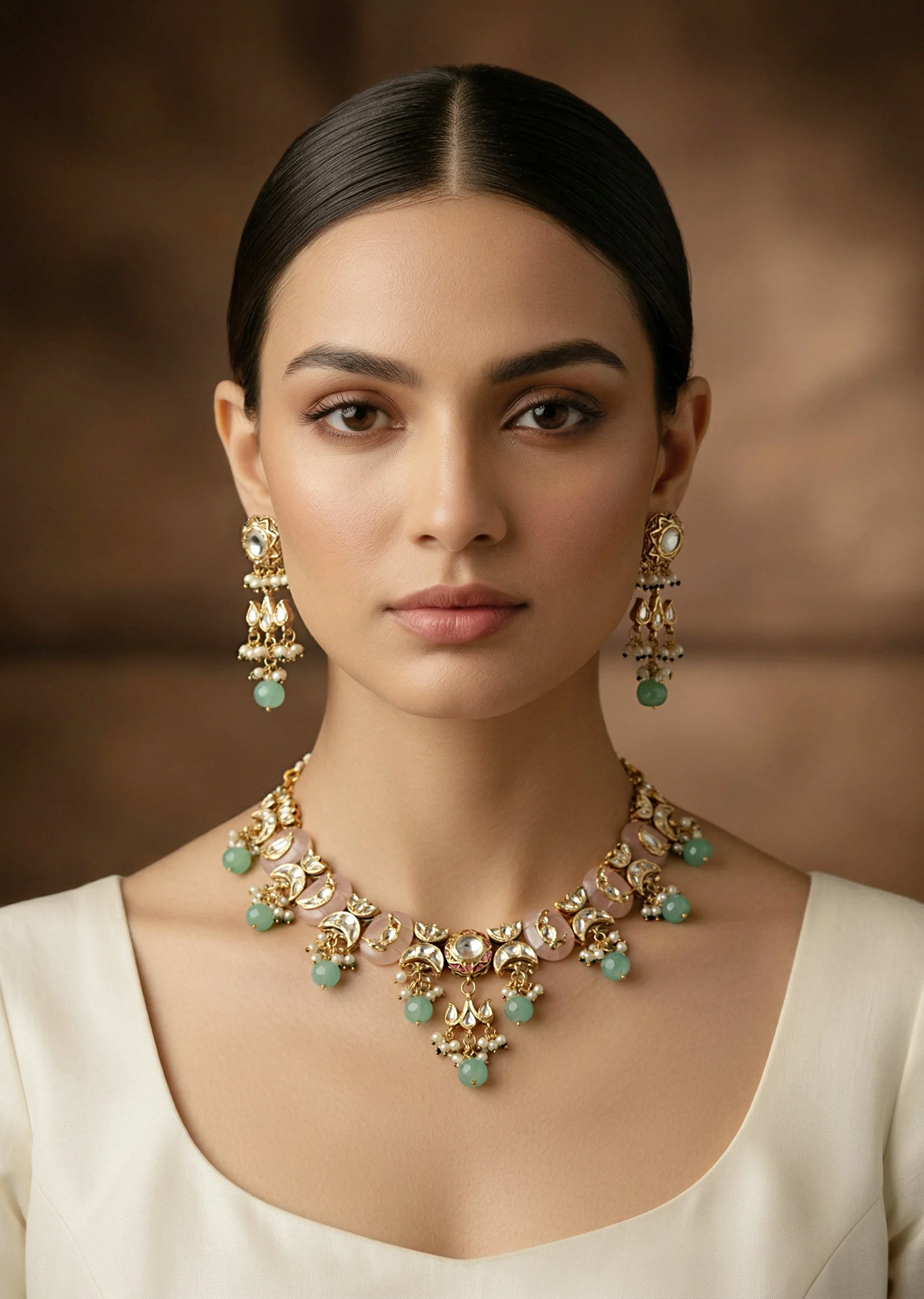 Gold Plated Floral Motif Mint Green Beaded Necklace Set