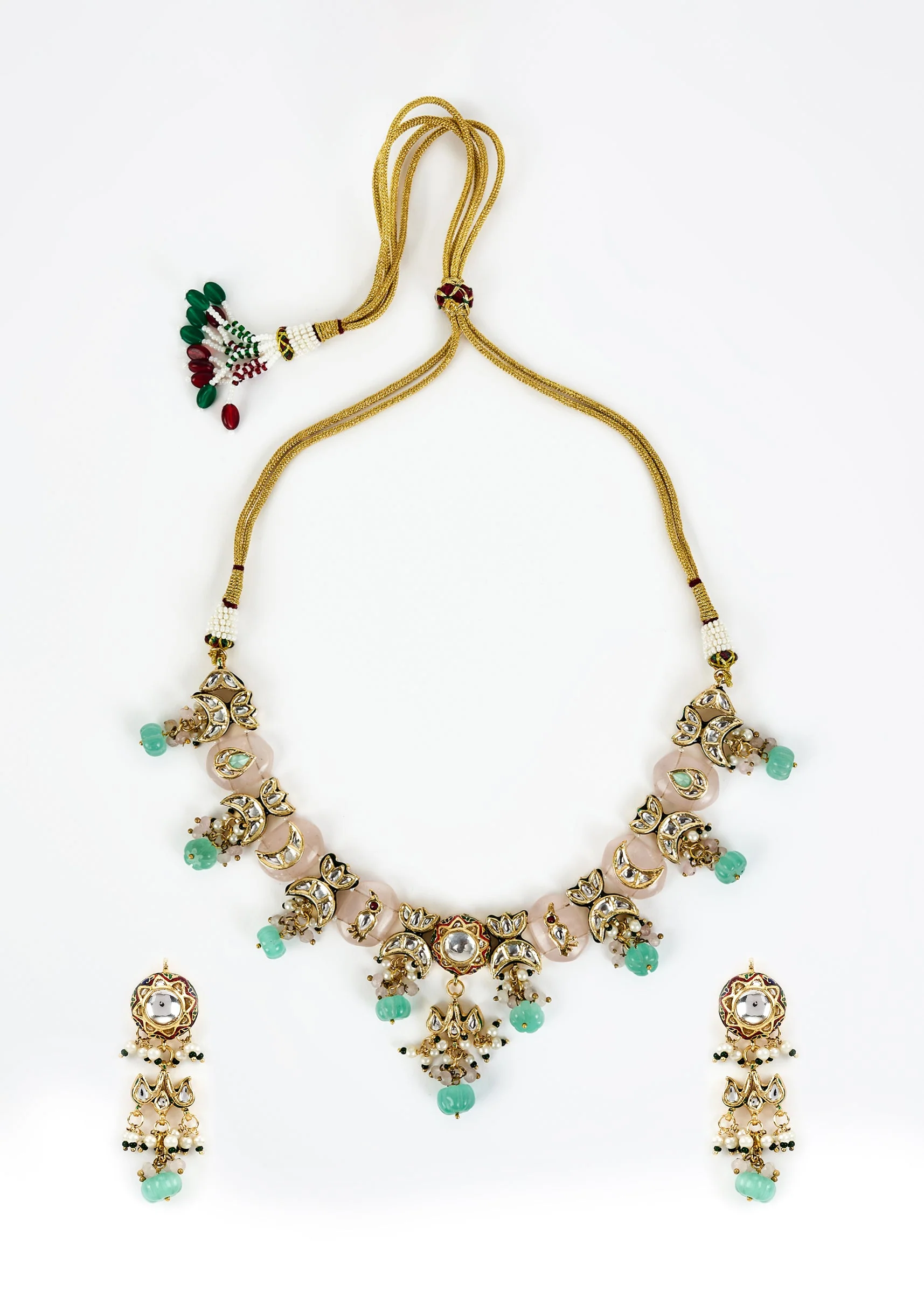 Gold Plated Floral Motif Mint Green Beaded Necklace Set