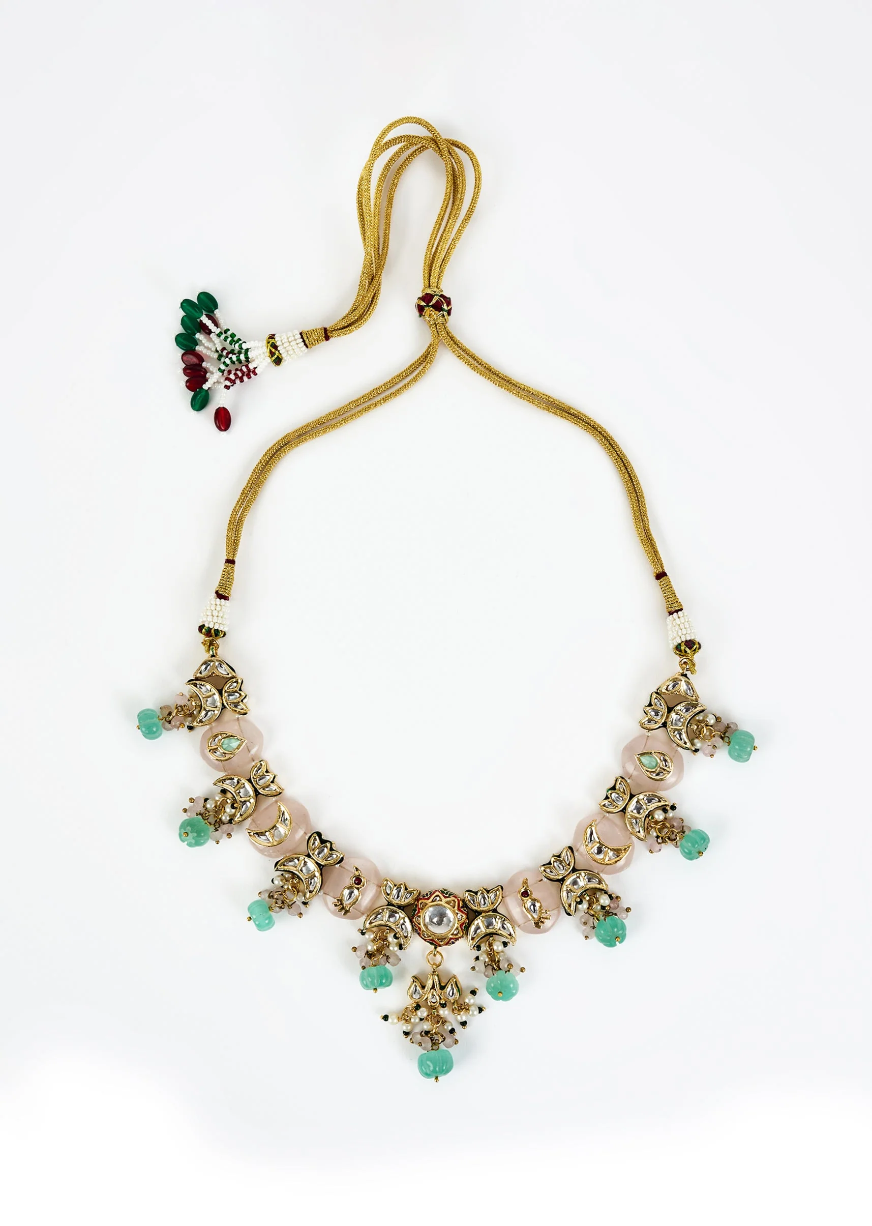 Gold Plated Floral Motif Mint Green Beaded Necklace Set