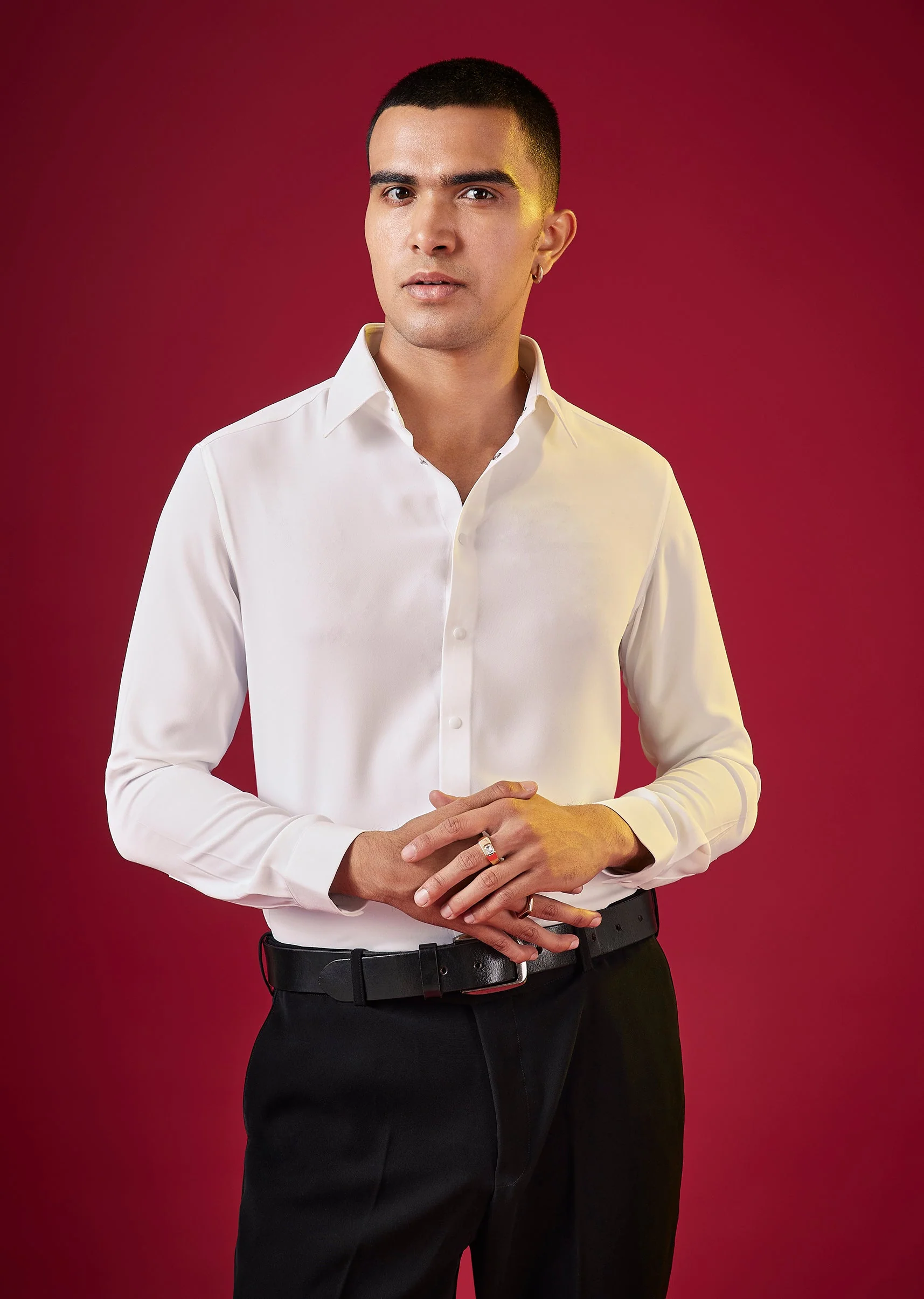 White Solid Viscose Button Front Mens Shirt