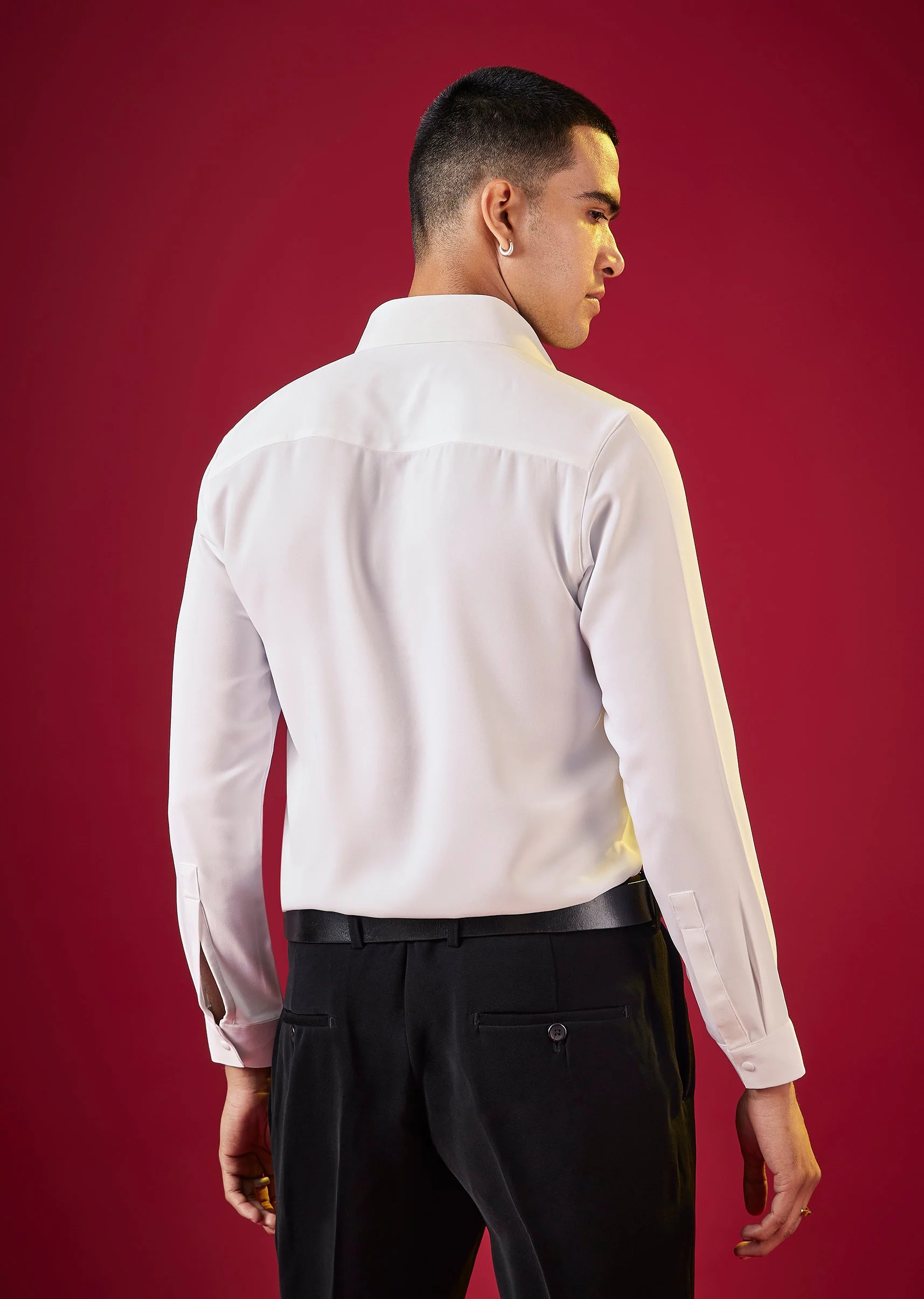White Solid Viscose Button Front Mens Shirt